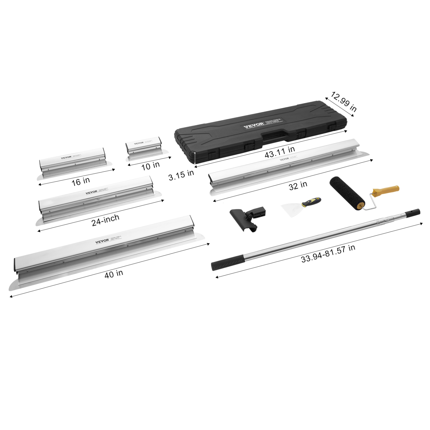 VEVOR 10/16/24/32/40 in Drywall Skimming Blade Set, Skimming Blades + 34-81.6 in Extension Handle Pole, Stainless Steel Knife Professional Skim Coat