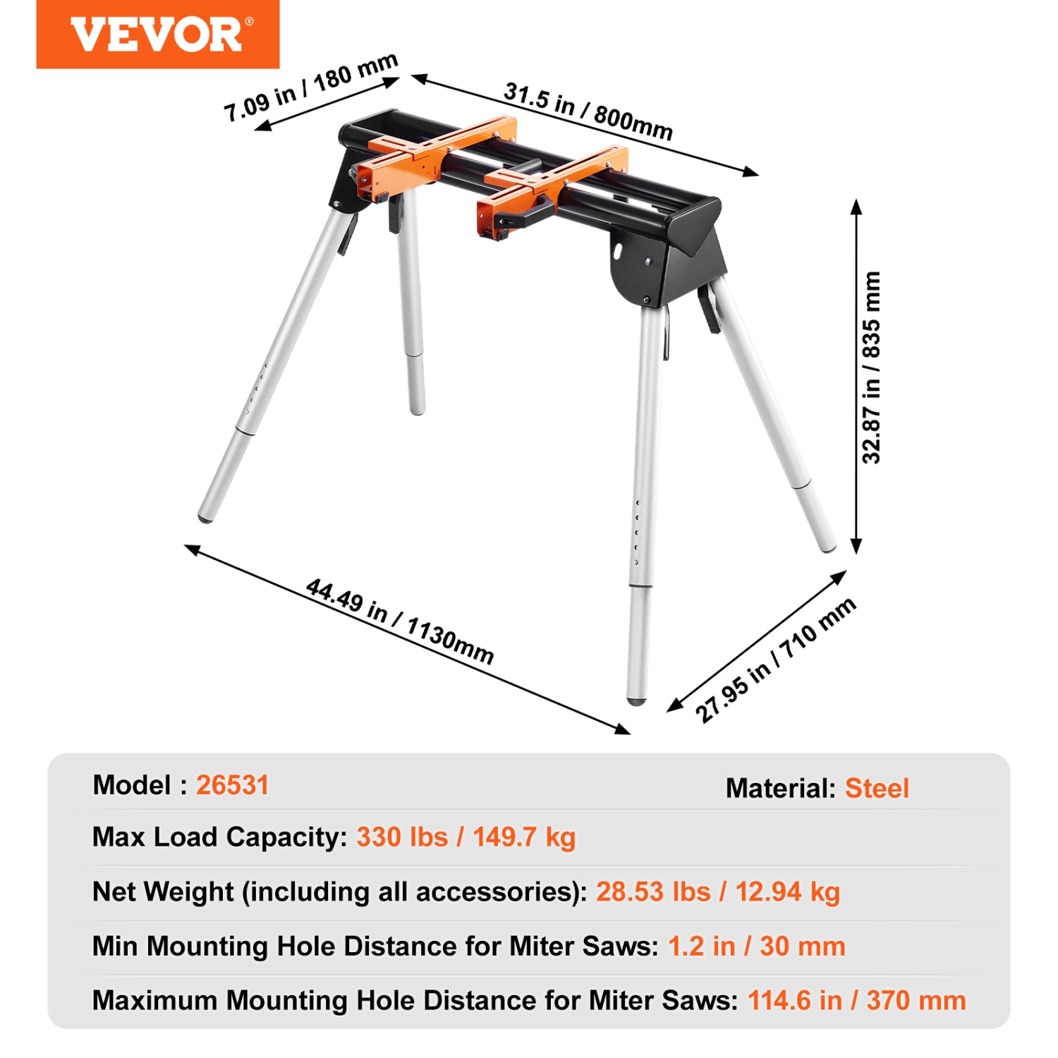 VEVOR 29.1"-32.9" Miter Saw Stand, 330lbs Load Capacity Steel Collapsible Stand for Miter Saw with One-piece Mounting Brackets Clamps, Portable