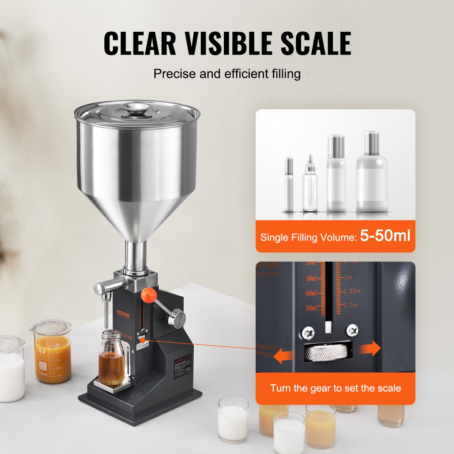 VEVOR 5-50ml Manual Paste Liquid Filling Machine, Bottle Filler, Adjustable Bottle Filling Machine, Stainless Steel Liquid Filler with Hopper for