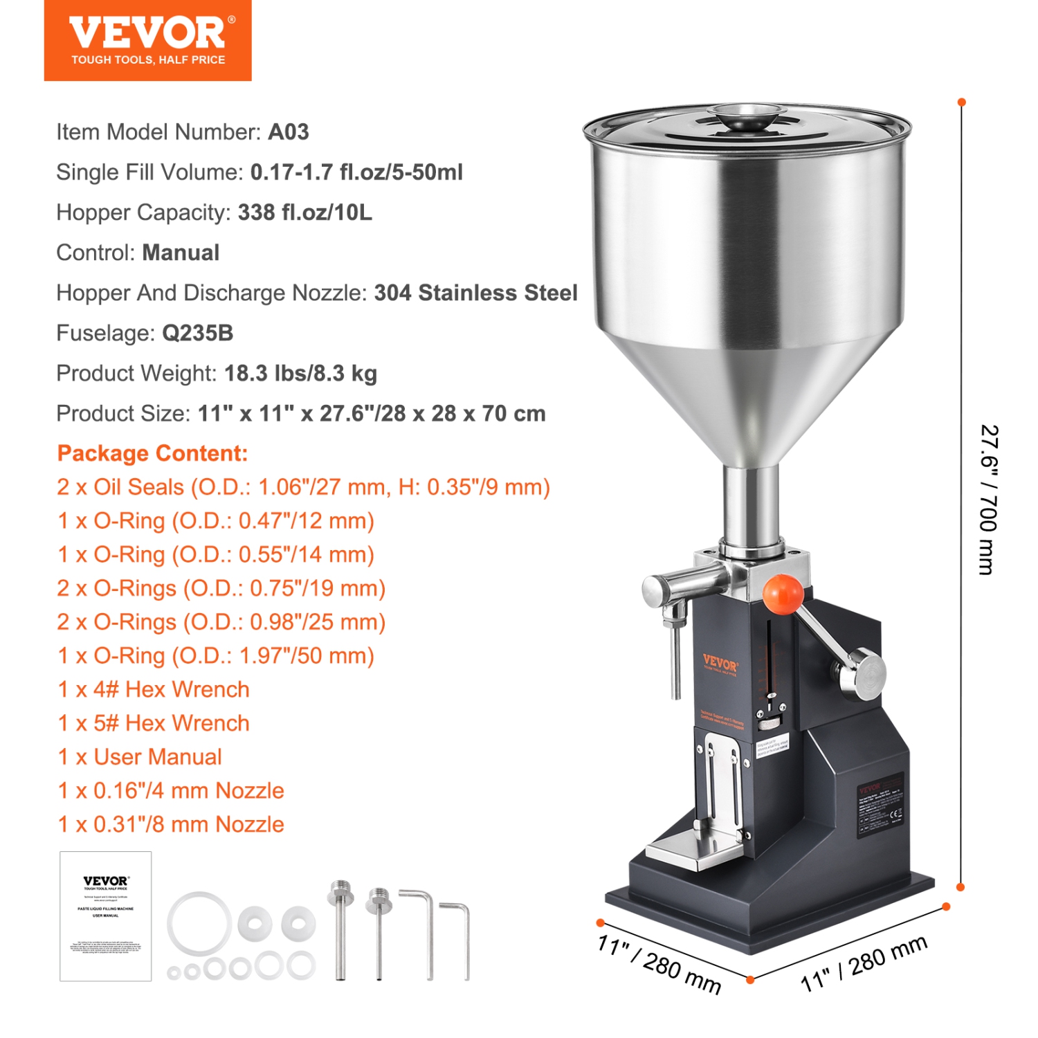 VEVOR 5-50ml Manual Paste Liquid Filling Machine, Bottle Filler, Adjustable Bottle Filling Machine, Stainless Steel Liquid Filler with Hopper for