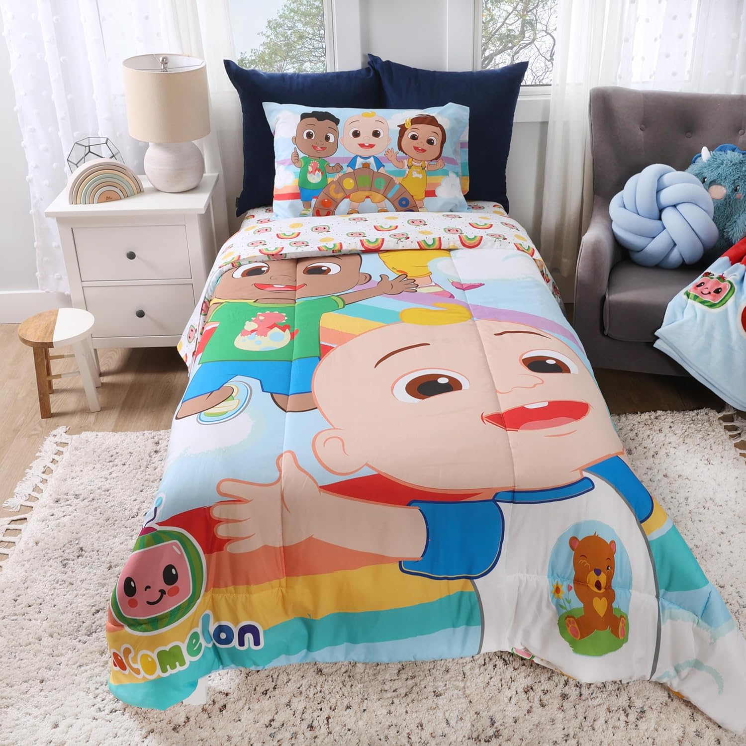 CoComelon 4-Pcs Multicolor Soft & Cozy Twin Bedding Set with Reversible Comforter for Kids
