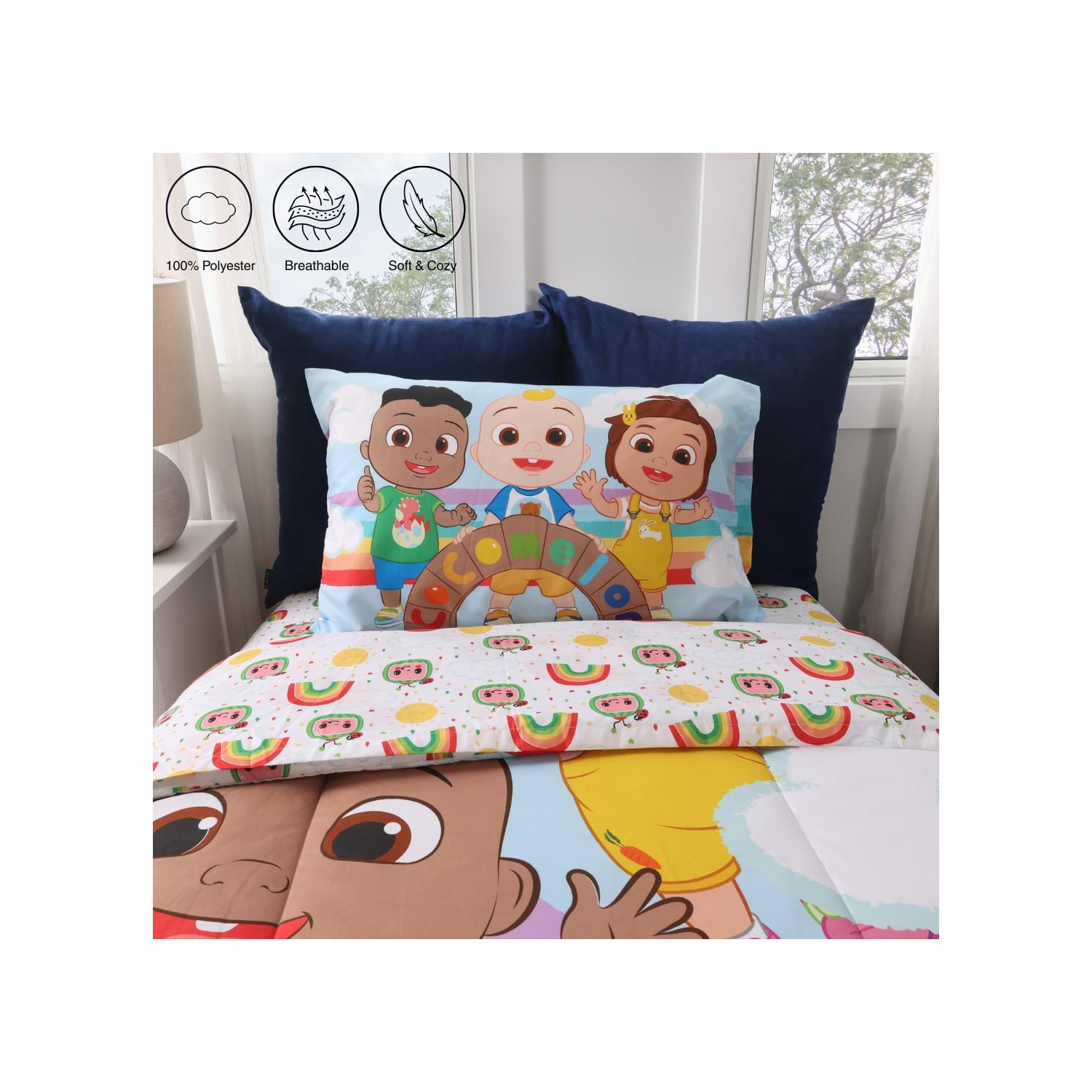 CoComelon 4-Pcs Multicolor Soft & Cozy Twin Bedding Set with Reversible Comforter for Kids