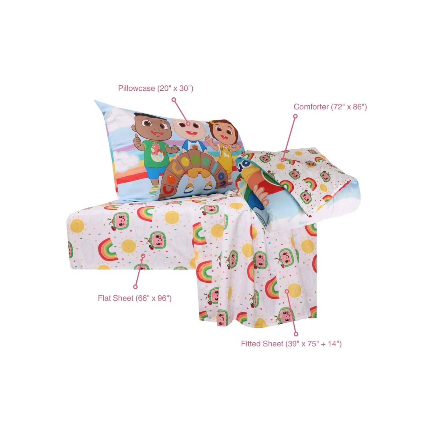 CoComelon 4-Pcs Multicolor Soft & Cozy Twin Bedding Set with Reversible Comforter for Kids