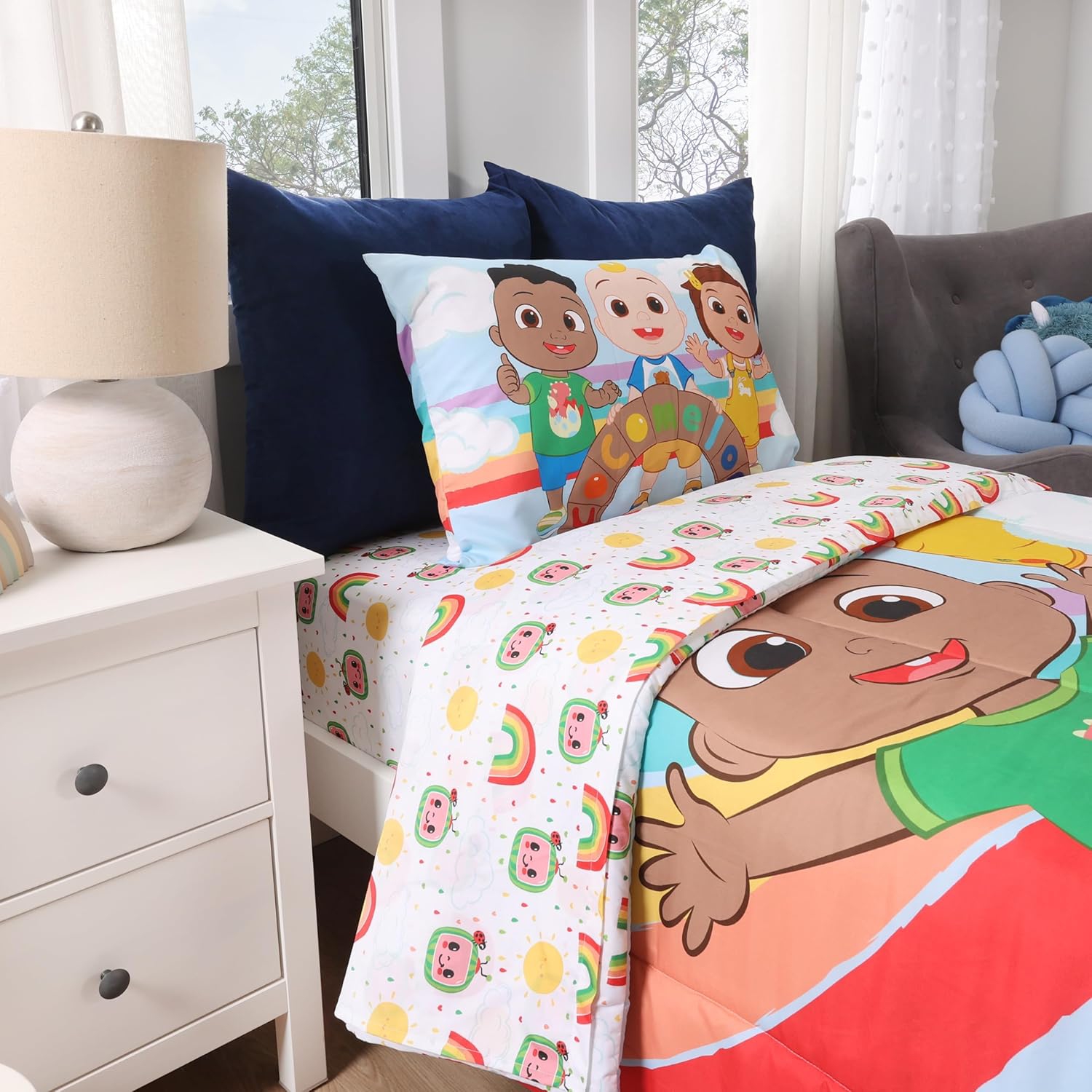 CoComelon 4-Pcs Multicolor Soft & Cozy Twin Bedding Set with Reversible Comforter for Kids