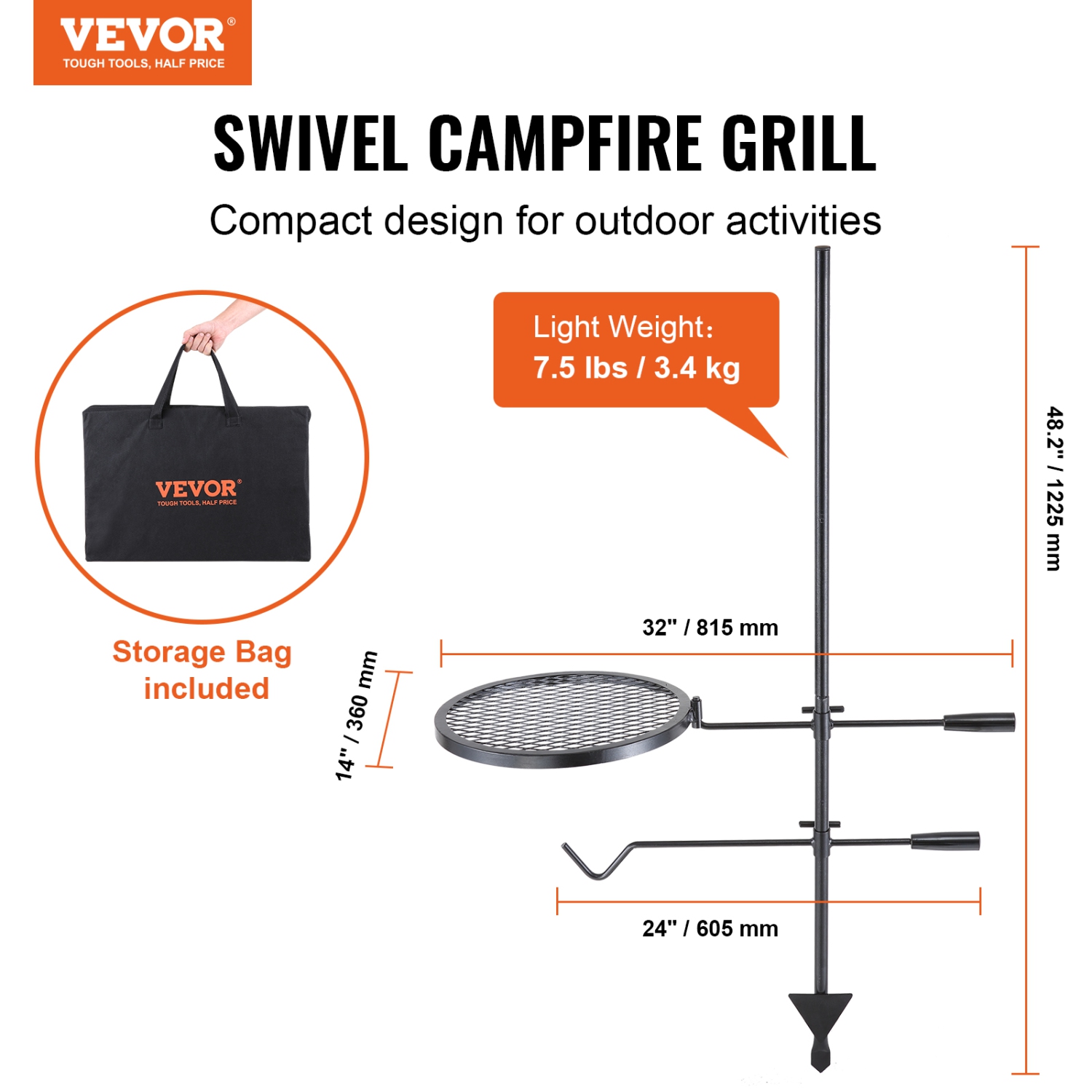 Gril de camping pivotant réglable à 360° VEVOR, grille de foyer sur foyer, grilles en acier robuste, équipement de cuisson extérieur à feu ouvert,