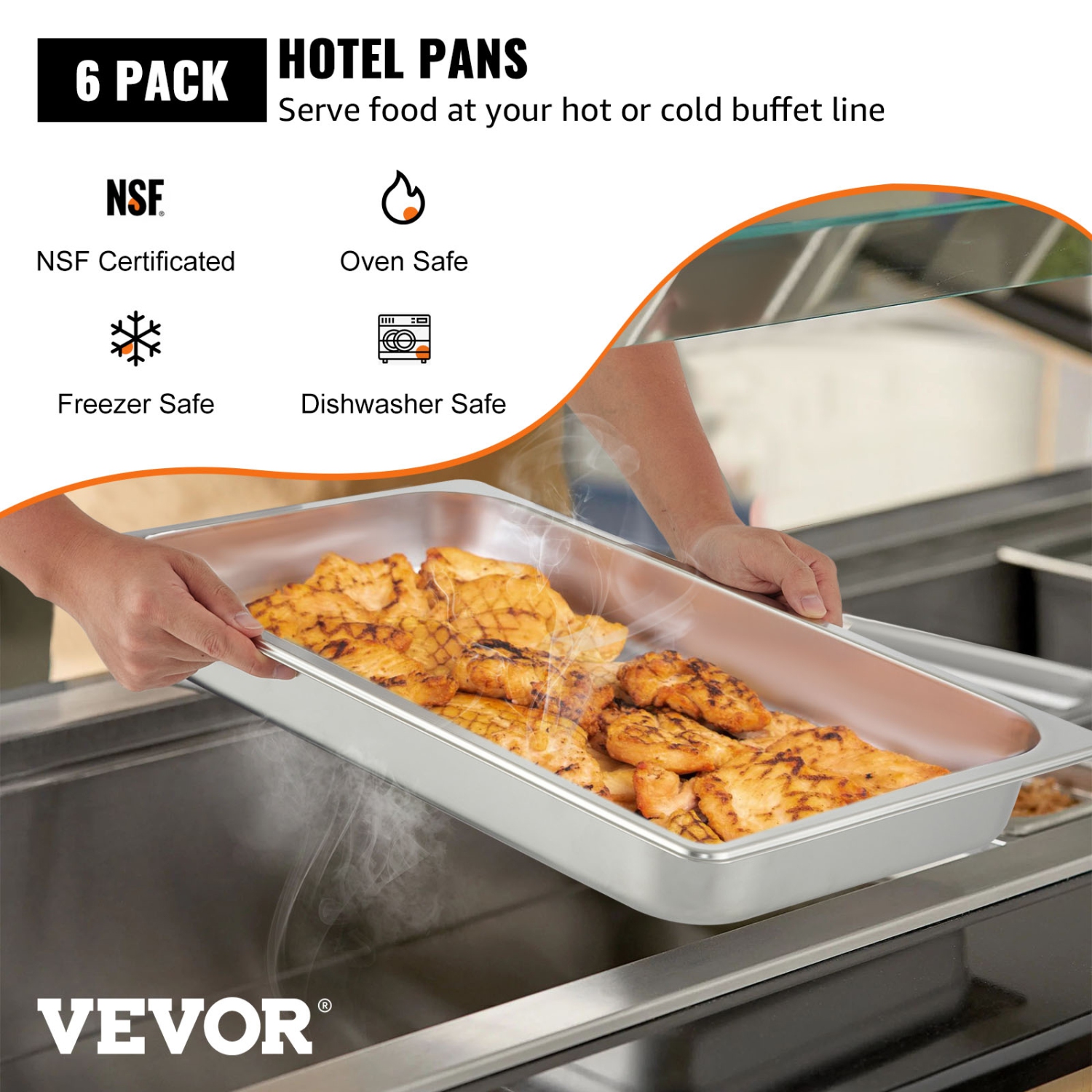 VEVOR 6 Pack Steam Table Pans 20.9 x 12.8 x 2.6 Inch Deep Steam Table Pan Full Size 8.5L Deep Food Container Stainless Steel Oven Tray Hotel Pans
