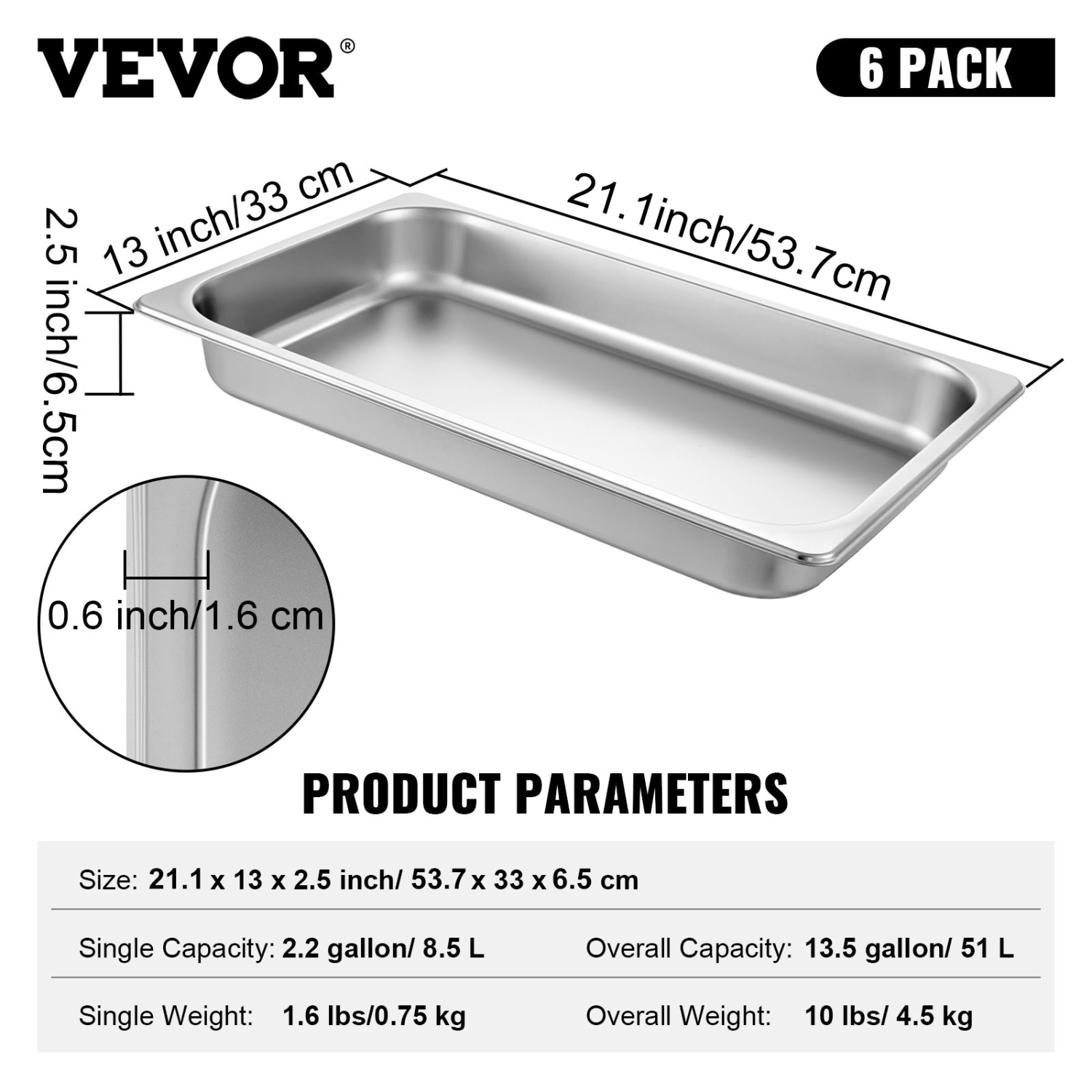 VEVOR 6 Pack Steam Table Pans 20.9 x 12.8 x 2.6 Inch Deep Steam Table Pan Full Size 8.5L Deep Food Container Stainless Steel Oven Tray Hotel Pans