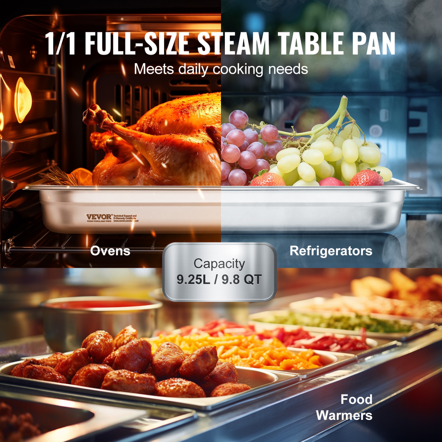 VEVOR 6 Pack Hotel Pans, Full Size Anti-Jam Steam Pan, 0.8mm Thick Stainless Steel Restaurant Steam Table Pan, 2.5-Inch Deep Commercial Table Pan,