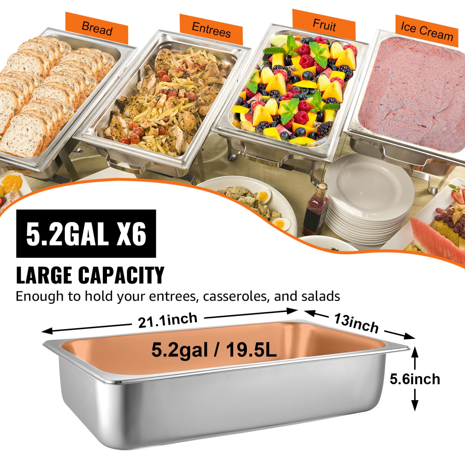 VEVOR 6 Pack Steam Table Pans 20.9 x 12.8 x 5.9 Inch Deep Steam Table Pan Full Size 20.5L Deep Food Container Stainless Steel Oven Tray Hotel Pans