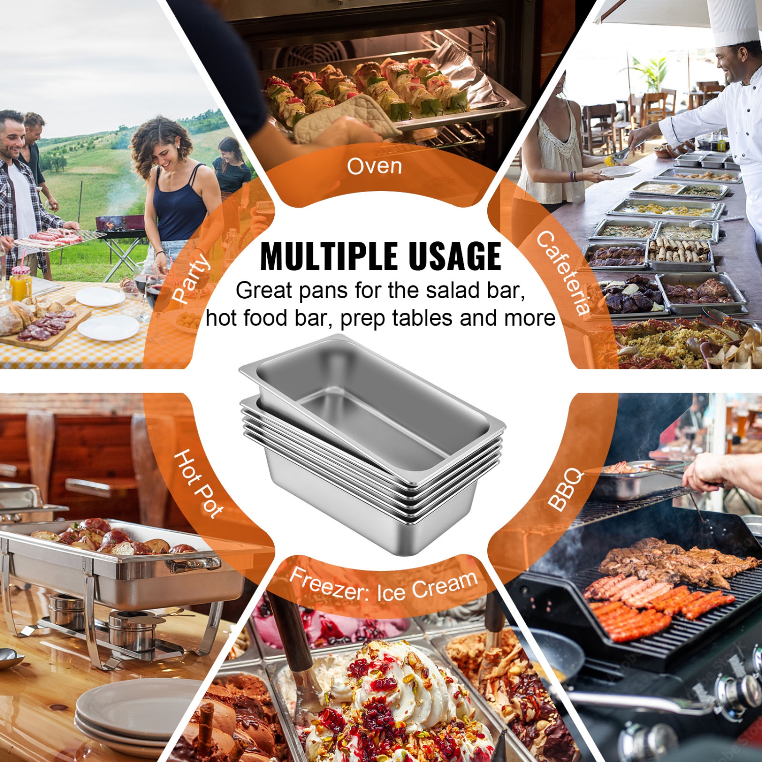 VEVOR 6 Pack Steam Table Pans 20.9 x 12.8 x 5.9 Inch Deep Steam Table Pan Full Size 20.5L Deep Food Container Stainless Steel Oven Tray Hotel Pans