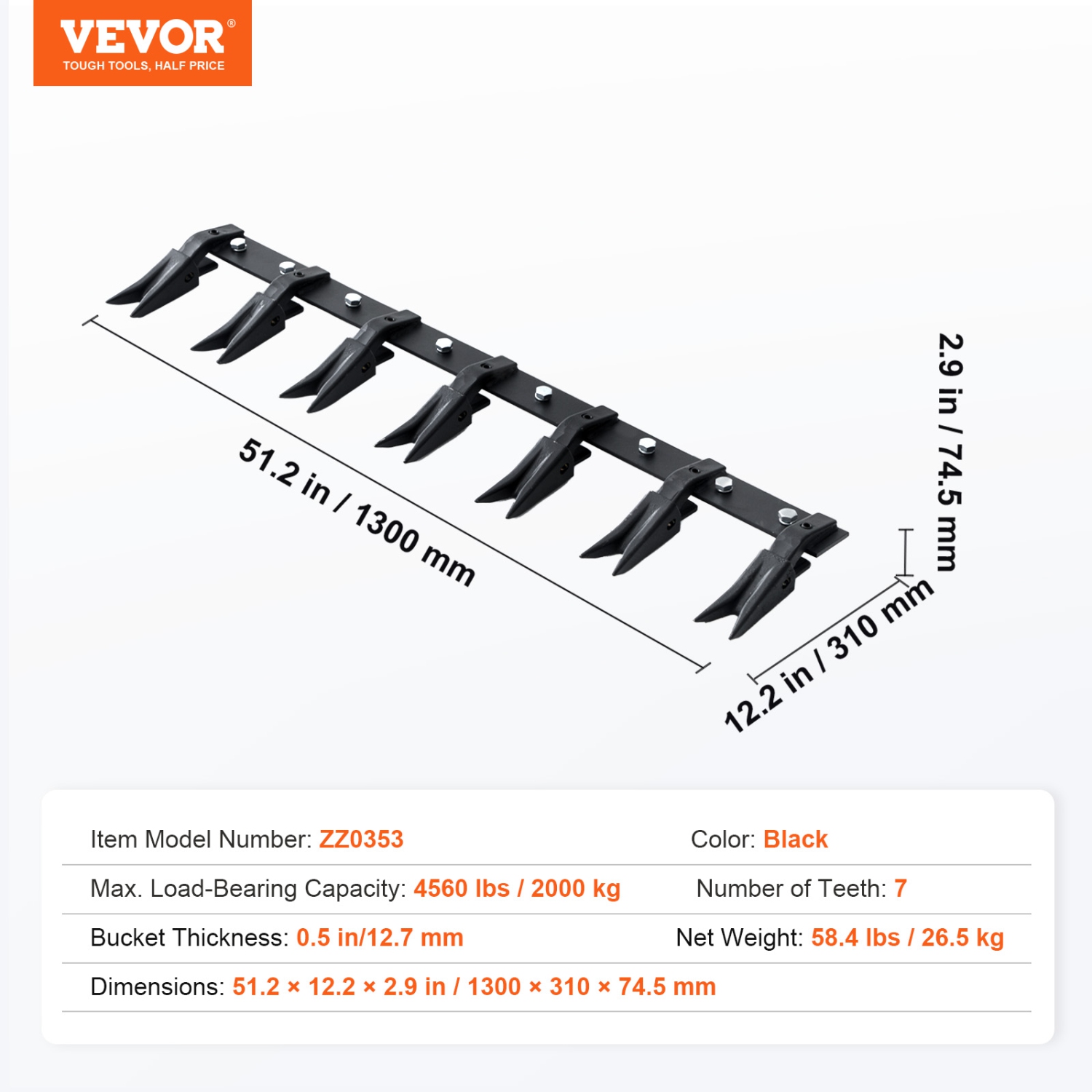 VEVOR 53'' Heavy Duty Tractor Bucket Teeth Bar for Sub-Compact Tractor Loader,4560 lbs Load-Bearing Capacity,Fits Bucket Cutting Edges Sized 1/2" or