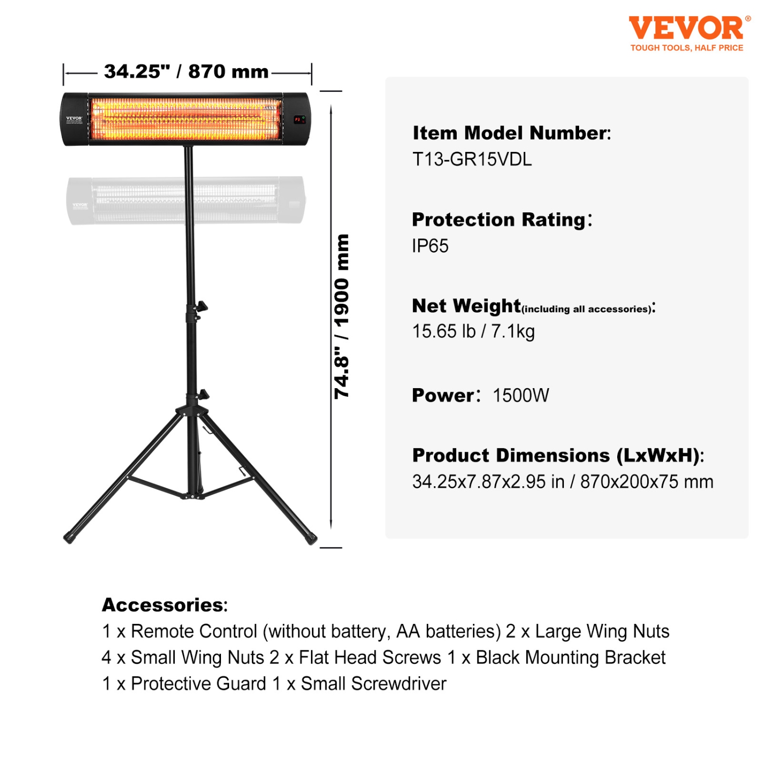 VEVOR 1500W Infrared Remote Control Electric Space Heater,LED Screen Patio w/ 3 Speeds & Timer,Outdoor/Outdoor for Porch,Dining Room,Studio,with