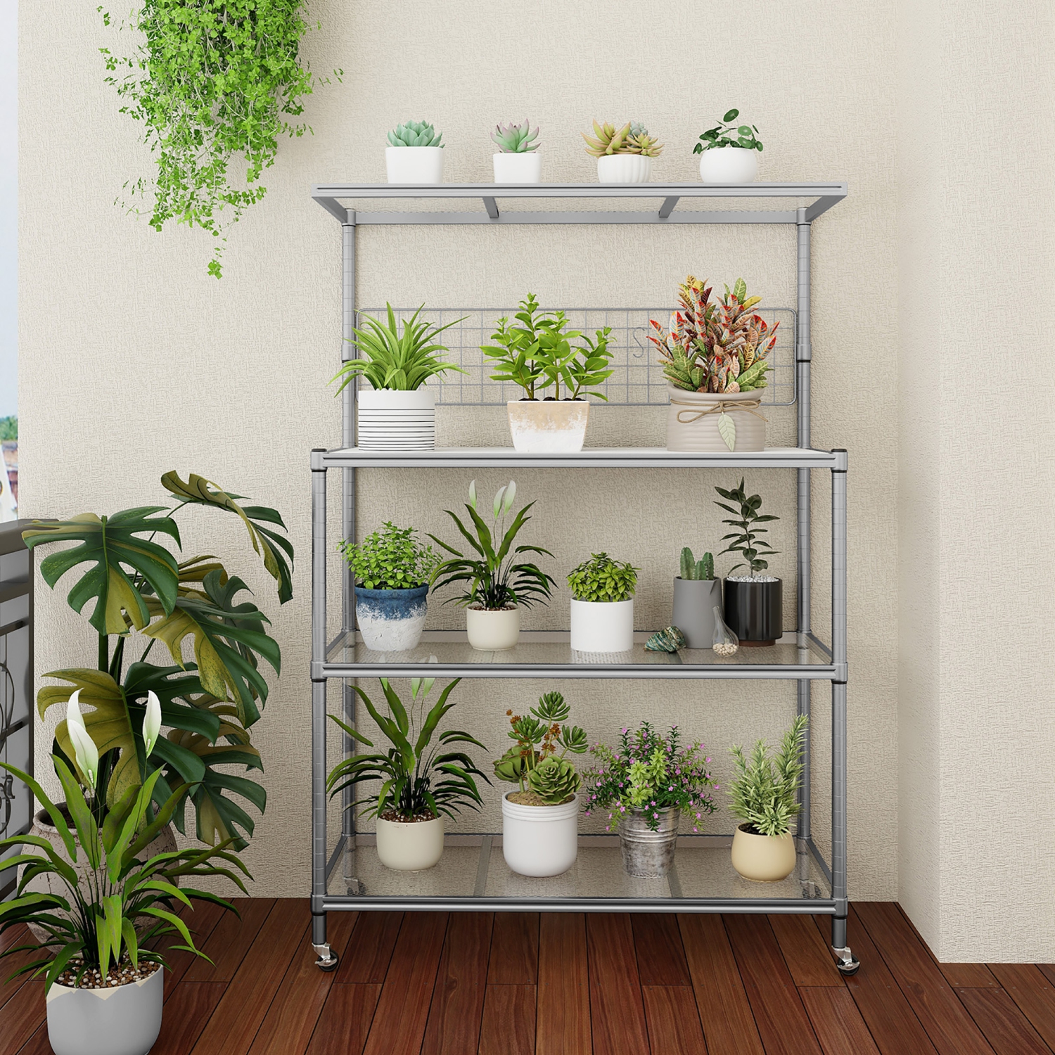 Gymax 4-Tier Coffee Bar Table w/Adjustable Shelves S Hooks Hanging Net & Shelf Liner