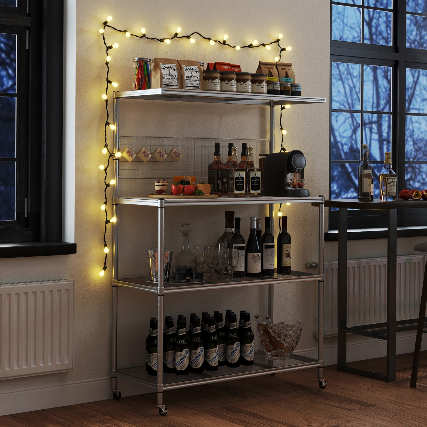 Gymax 4-Tier Coffee Bar Table w/Adjustable Shelves S Hooks Hanging Net & Shelf Liner