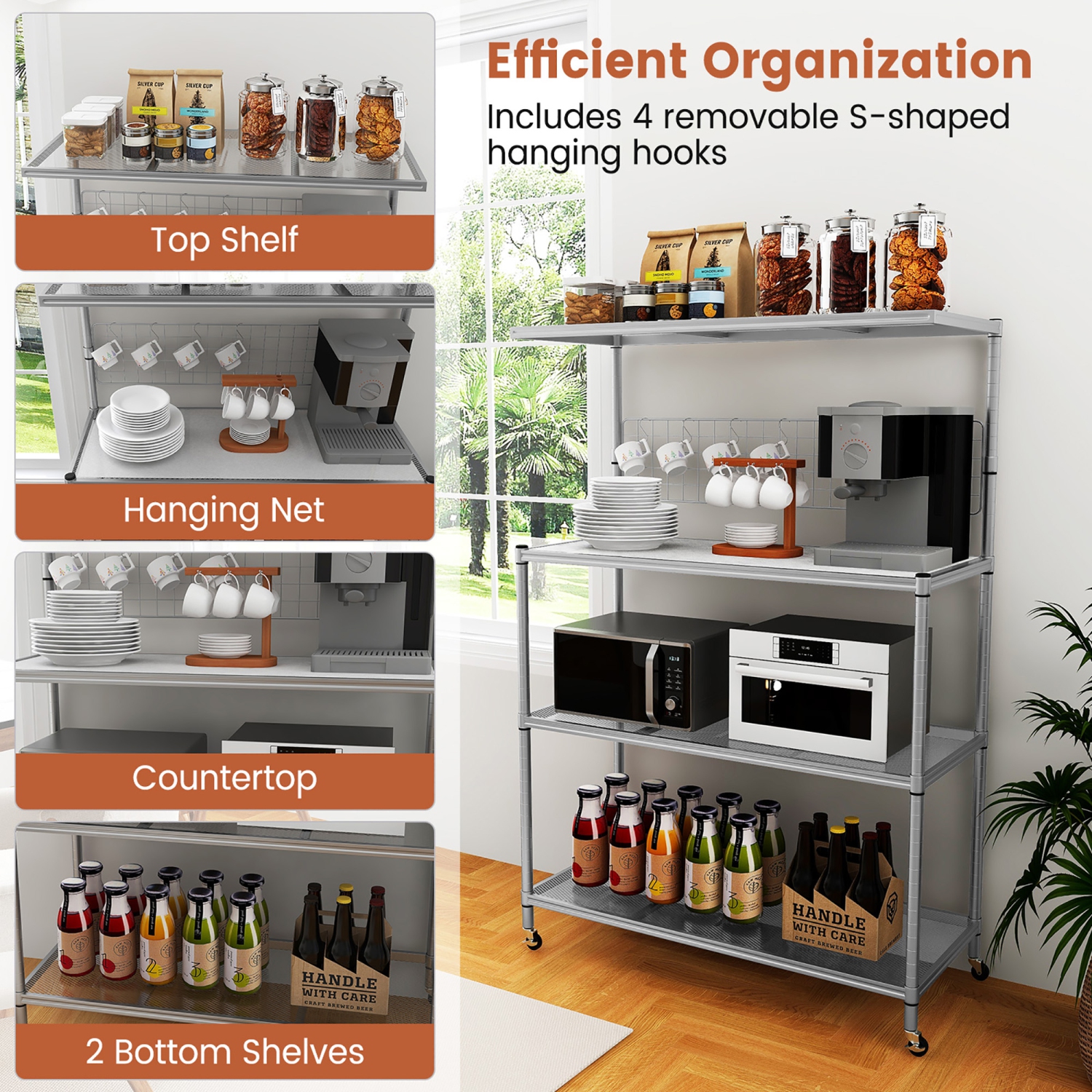 Gymax 4-Tier Coffee Bar Table w/Adjustable Shelves S Hooks Hanging Net & Shelf Liner