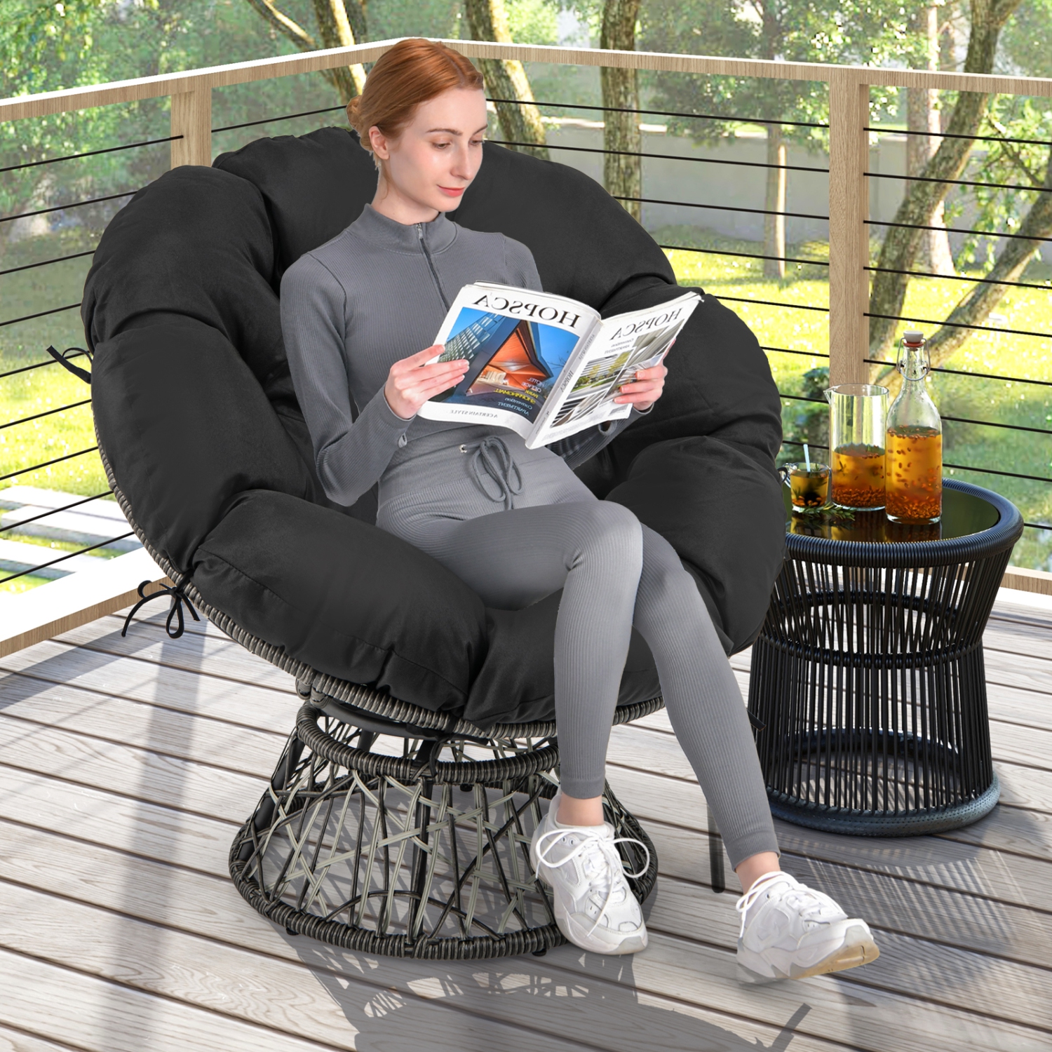 Gymax PE Wicker Papasan Chair 360° Swivel Living Room Chair w/ Thick & Removable Cushion