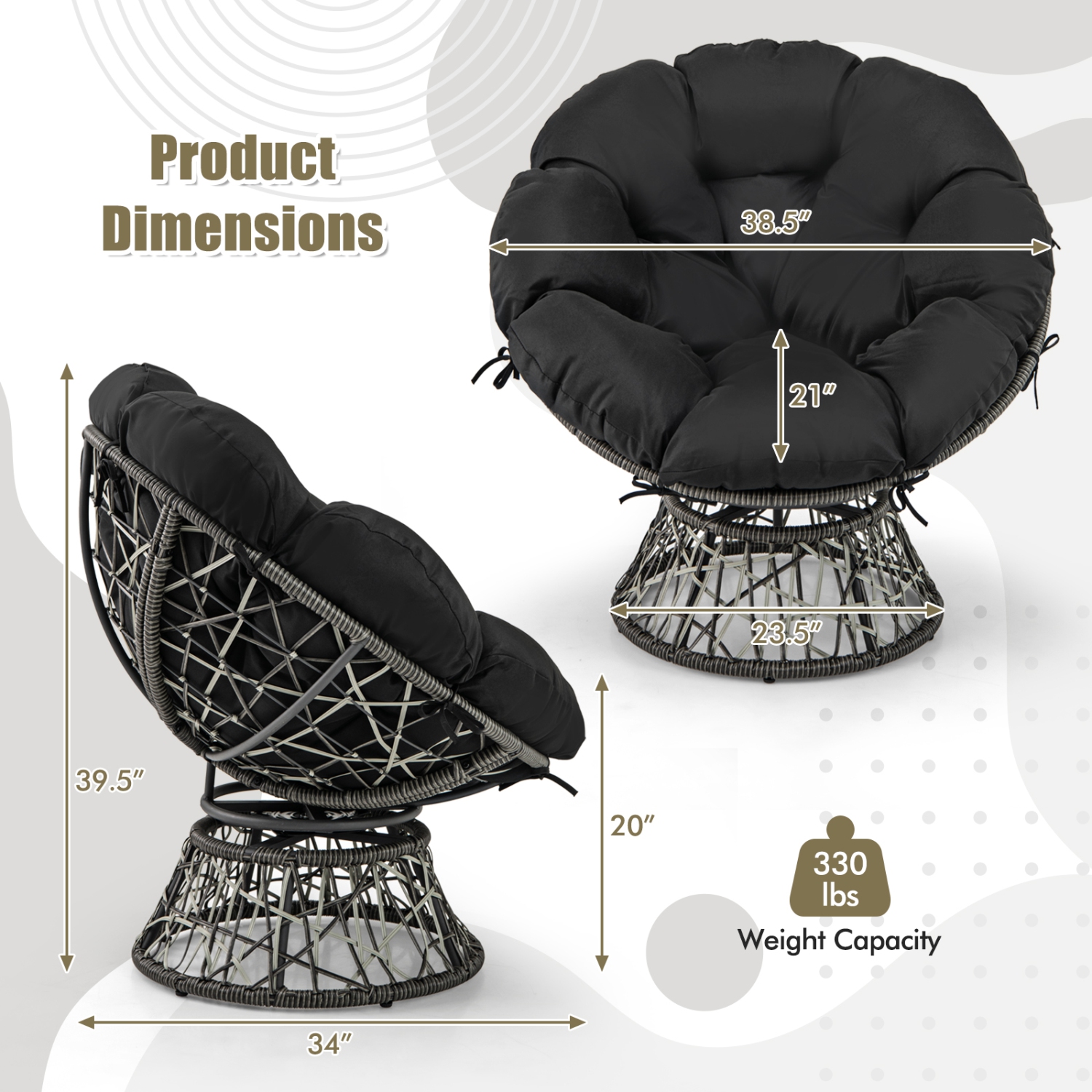 Gymax PE Wicker Papasan Chair 360° Swivel Living Room Chair w/ Thick & Removable Cushion