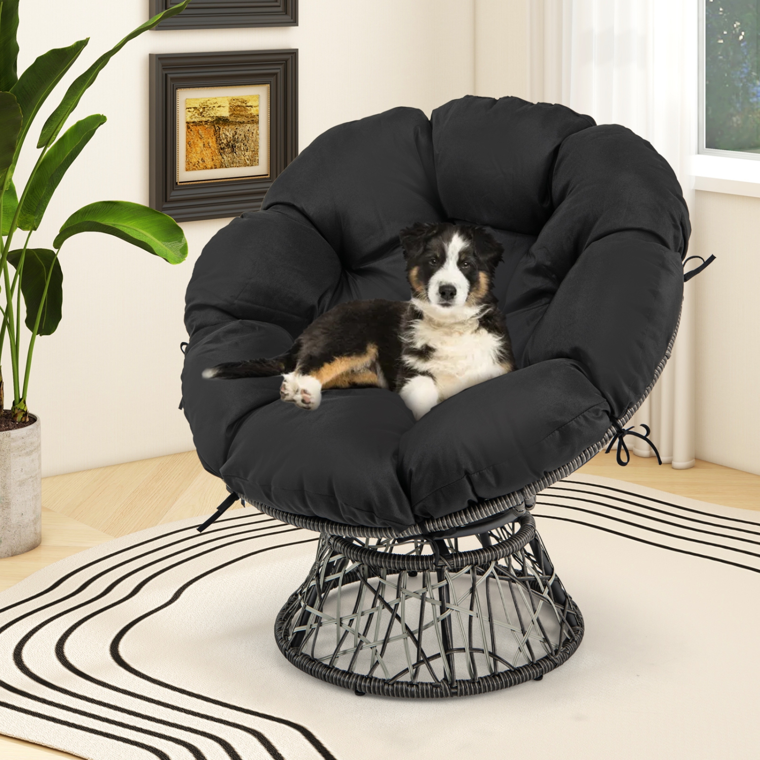 Gymax PE Wicker Papasan Chair 360° Swivel Living Room Chair w/ Thick & Removable Cushion