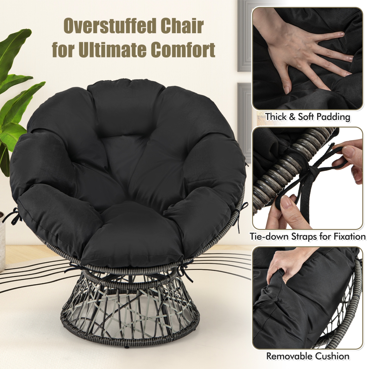 Gymax PE Wicker Papasan Chair 360° Swivel Living Room Chair w/ Thick & Removable Cushion