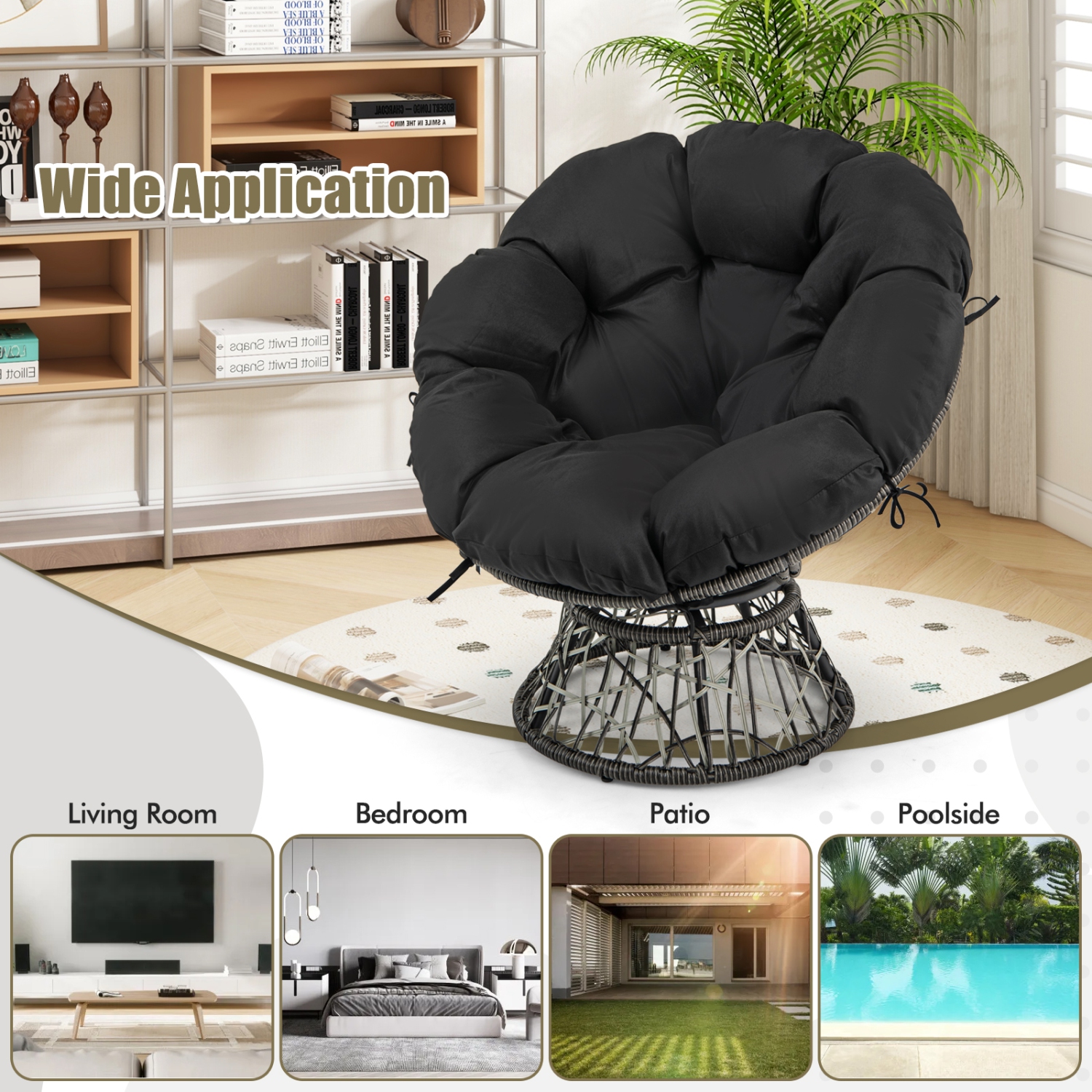 Gymax PE Wicker Papasan Chair 360° Swivel Living Room Chair w/ Thick & Removable Cushion