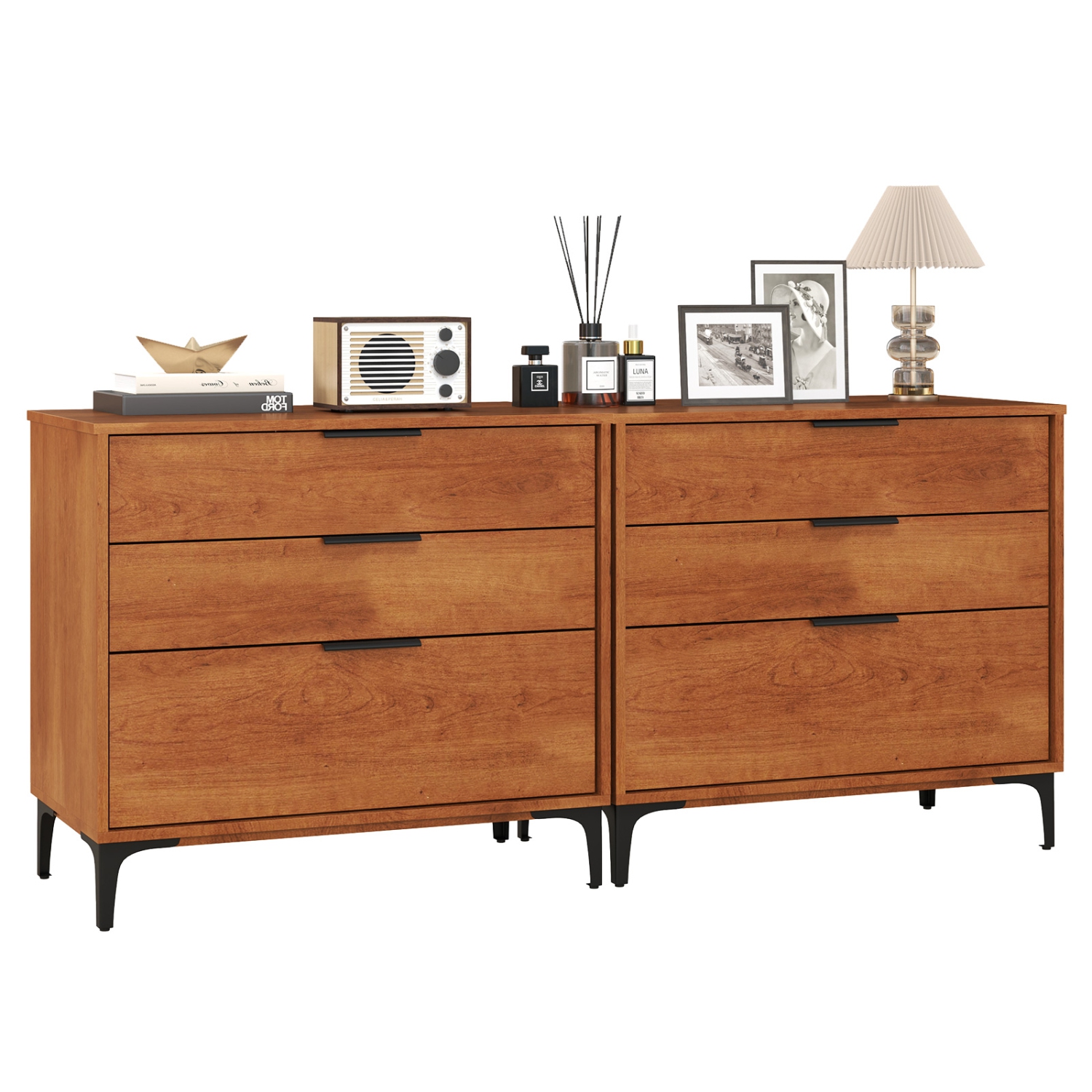 Gymax 2PCS 3-Drawer Dresser w/ Metal Support Legs & Anti-tipping Kit for Bedroom Cherry