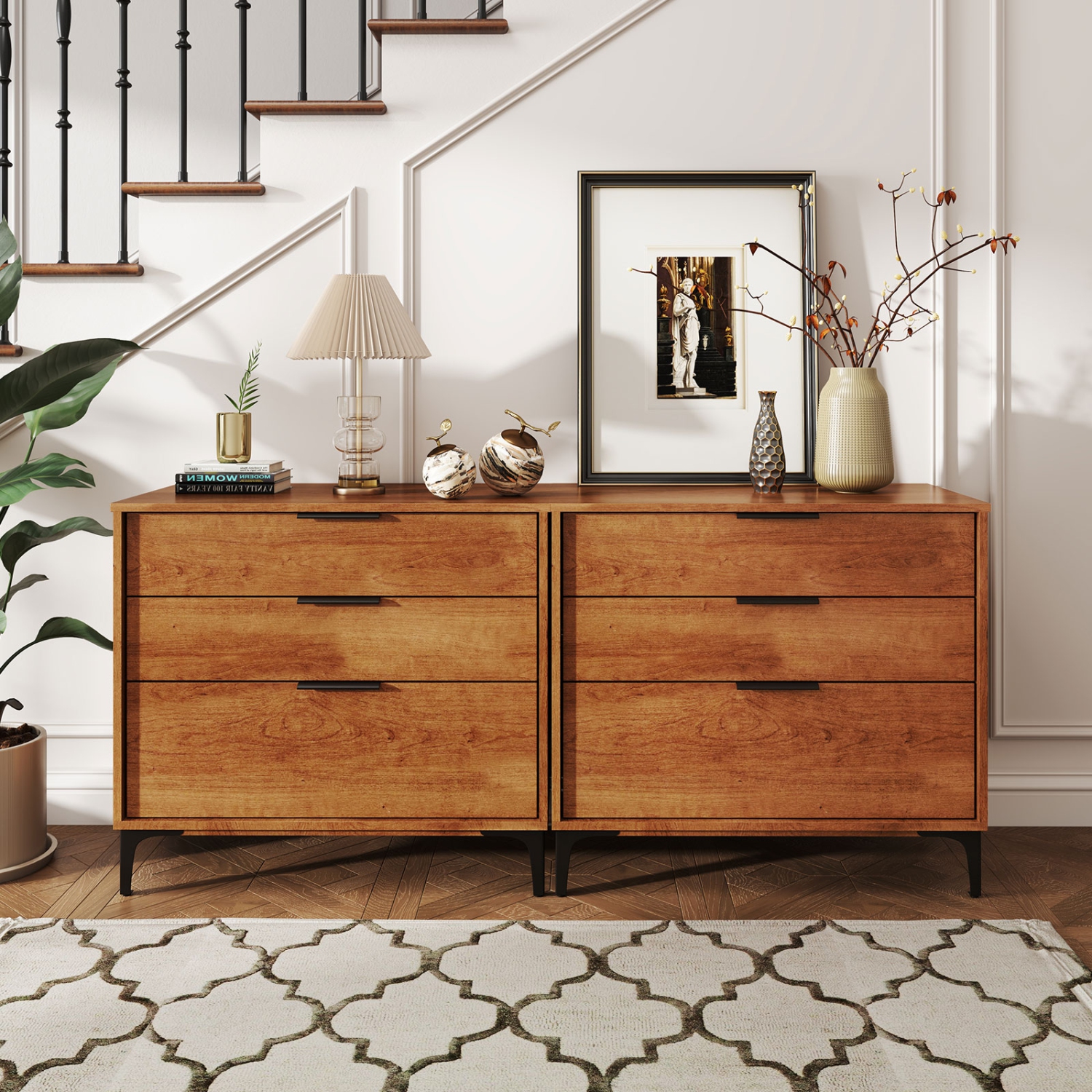 Gymax 2PCS 3-Drawer Dresser w/ Metal Support Legs & Anti-tipping Kit for Bedroom Cherry