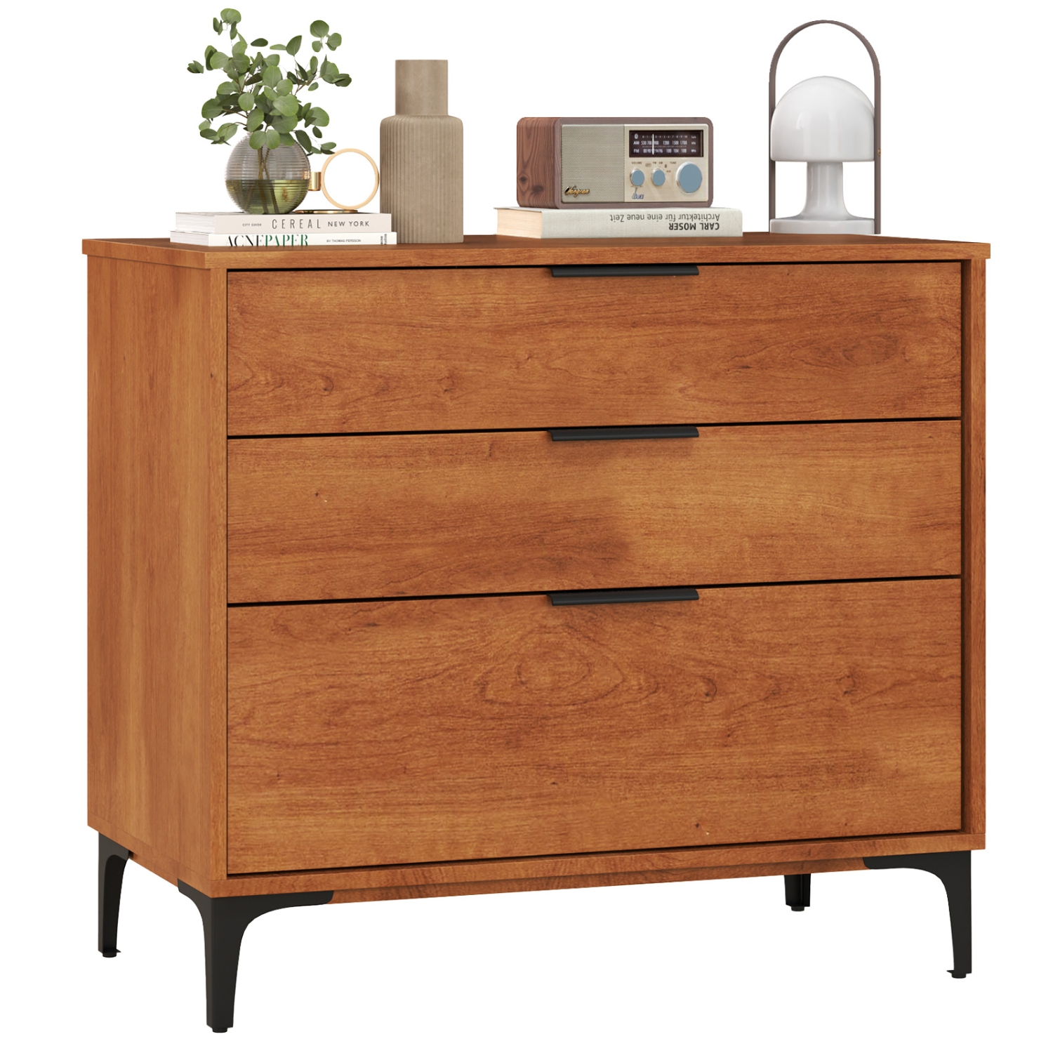 Gymax 3-Drawer Dresser w/ Metal Support Legs & Anti-tipping Kit for Bedroom Cherry