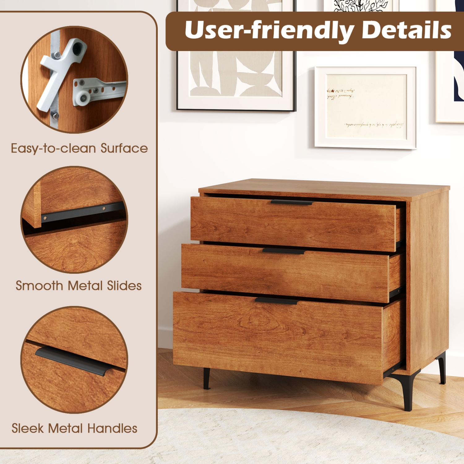 Gymax 3-Drawer Dresser w/ Metal Support Legs & Anti-tipping Kit for Bedroom Cherry