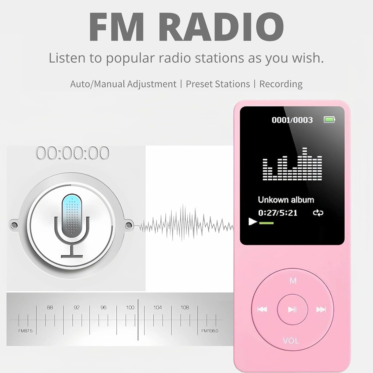 MP3/MP4 player, 1.8-inch HD screen, MP3 music player, FM radio, headphones, portable audio player with recording, picture browsing and e-book