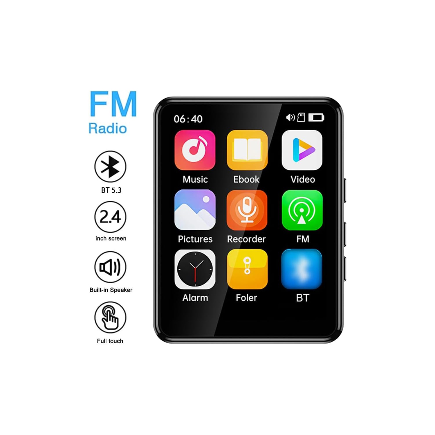 Lecteur MP3/MP4 Bluetooth, écran tactile de 2,4&nbsp;po avec carte 64&nbsp;Go – Stockage extensible, port de chargement de type C.