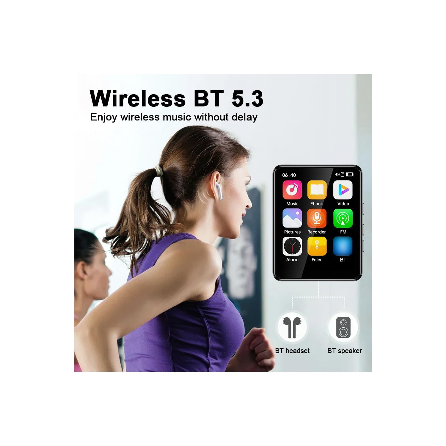 Lecteur MP3/MP4 Bluetooth, écran tactile de 2,4&nbsp;po avec carte 64&nbsp;Go – Stockage extensible, port de chargement de type C.