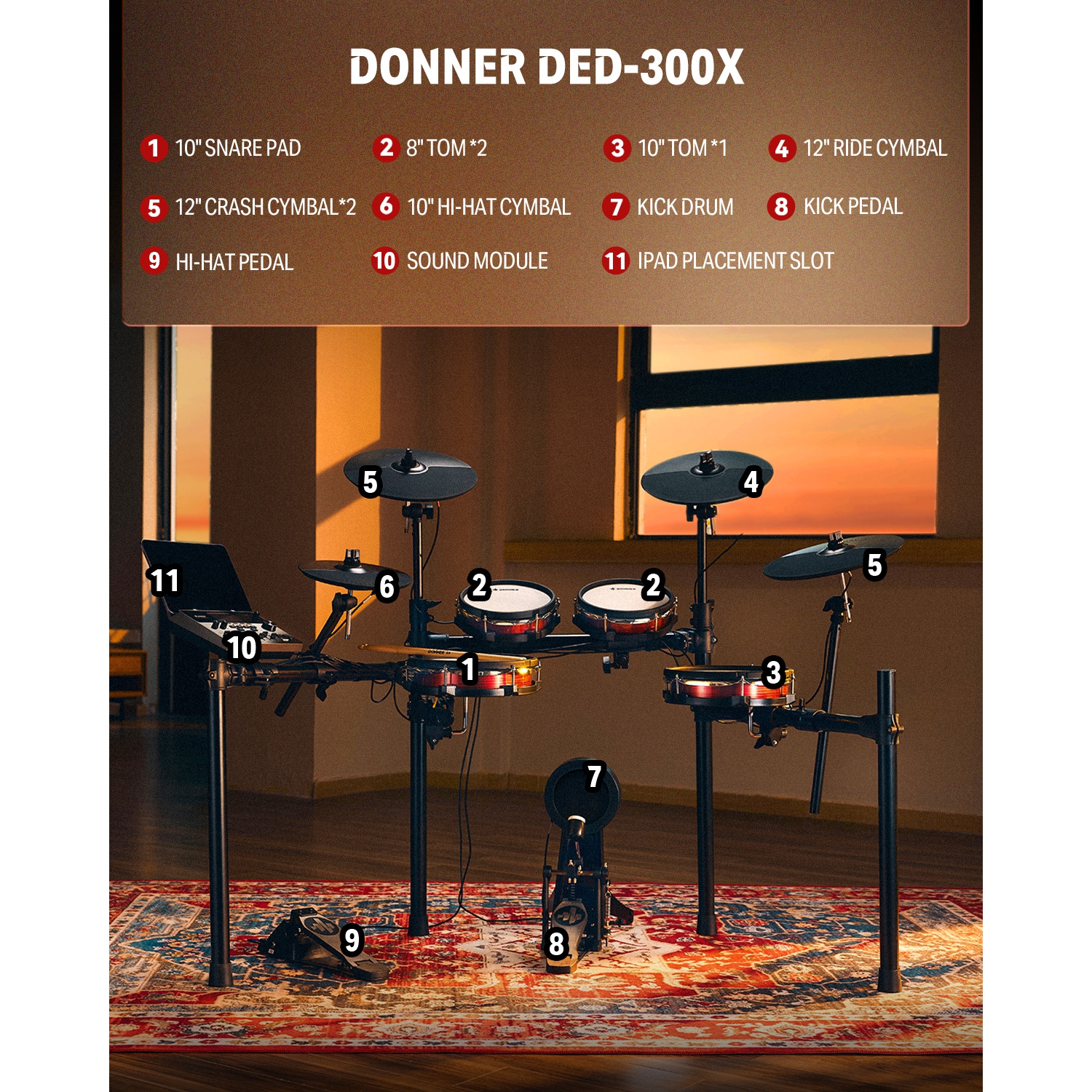 Donner DED-300X 5 Drums 4 Cymbals Electronic Drum Set