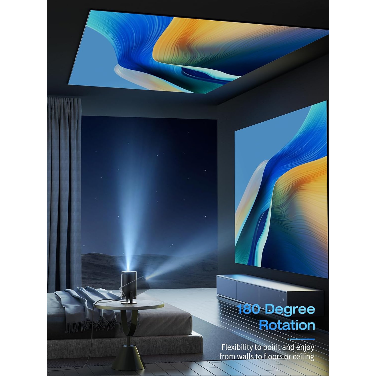 Mini projecteur portatif avec Wi-Fi et Bluetooth - Rotation à 180° et correction automatique de la distorsion trapézoïdale, projecteur d'extérieur