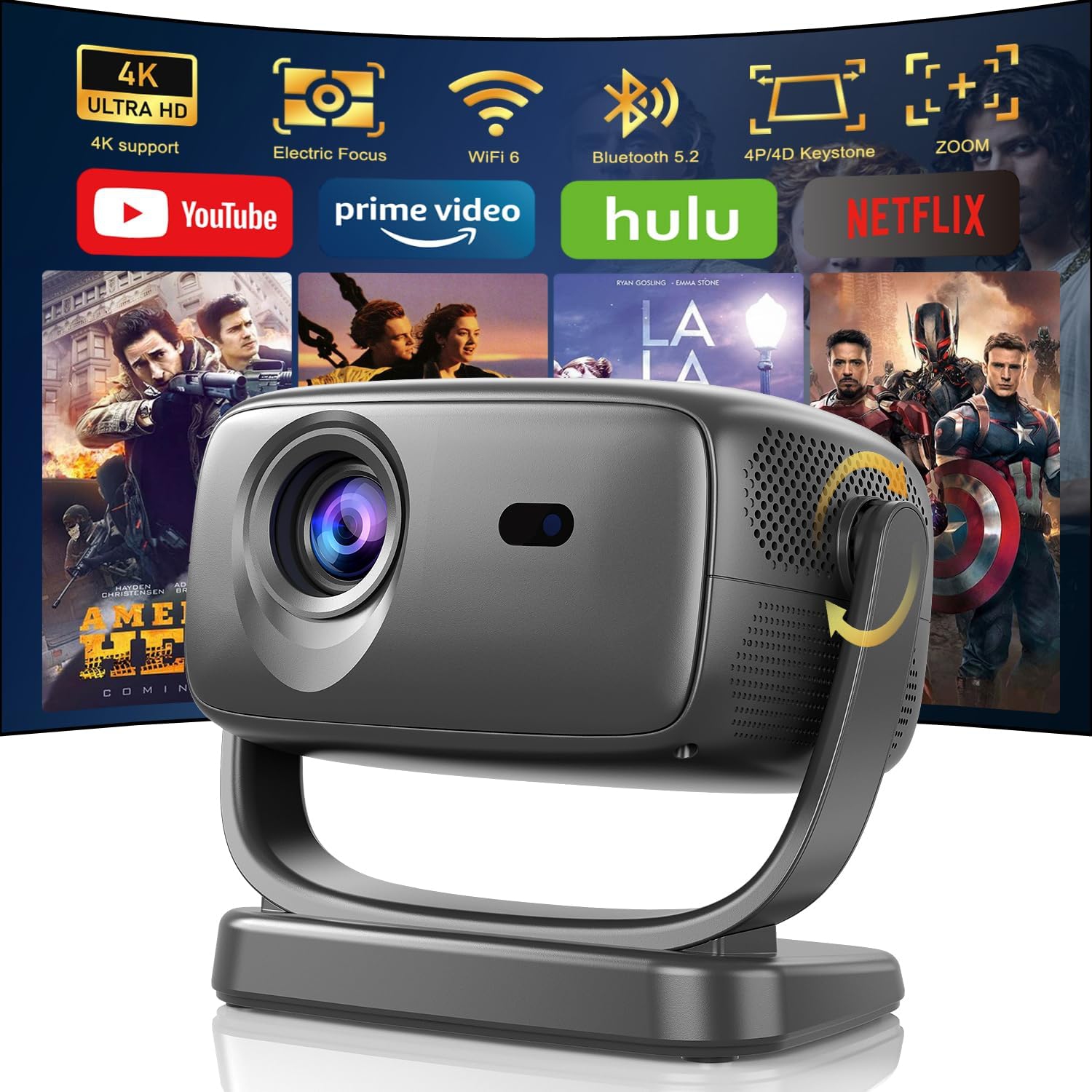 Projecteur intelligent 4K avec Wi-Fi 5G et Bluetooth 5,2, projecteur portatif ANSI 600, projecteur de cinéma extérieur 1080p.