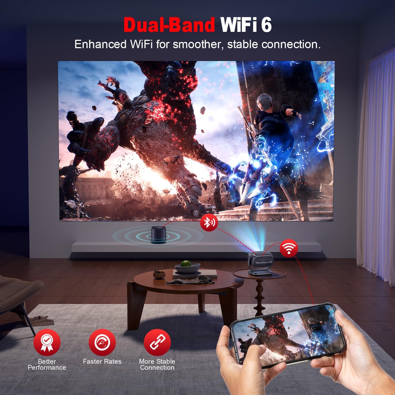 Projecteur intelligent 4K avec Wi-Fi 5G et Bluetooth 5,2, projecteur portatif ANSI 600, projecteur de cinéma extérieur 1080p.