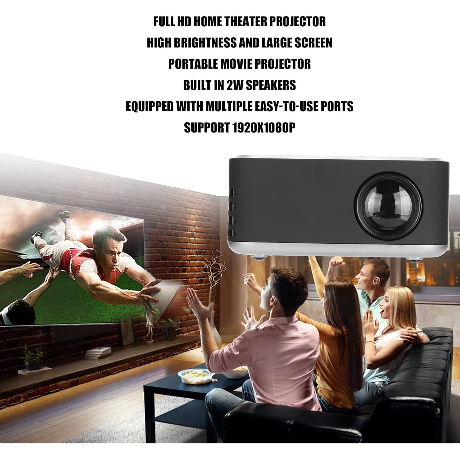 Projecteur HD intégrale 1080p, mini projecteur portatif avec télécommande, projecteur intelligent pour cinéma maison extérieur