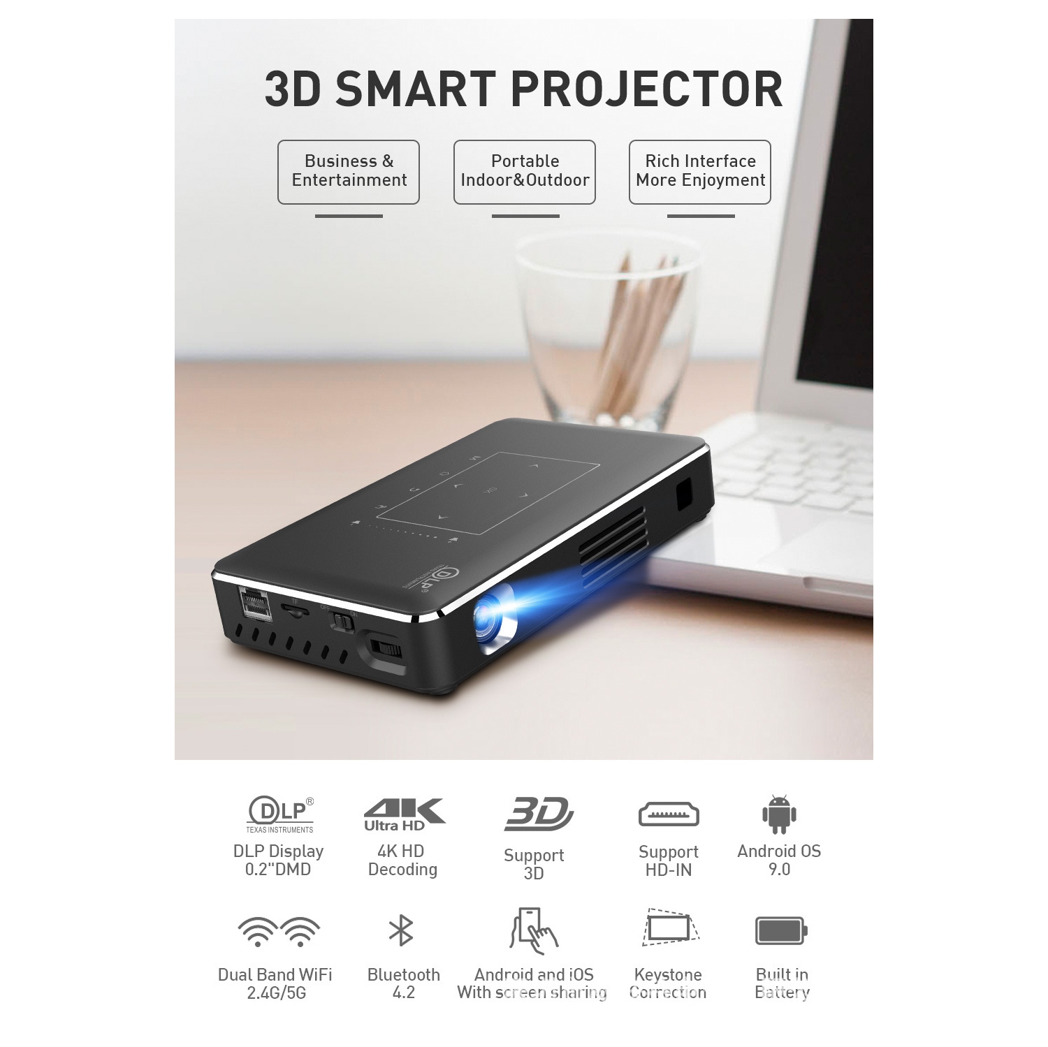 Full HD Mini Projector 4K with WIFI Bluetooth for iPhone Android Handheld Devices