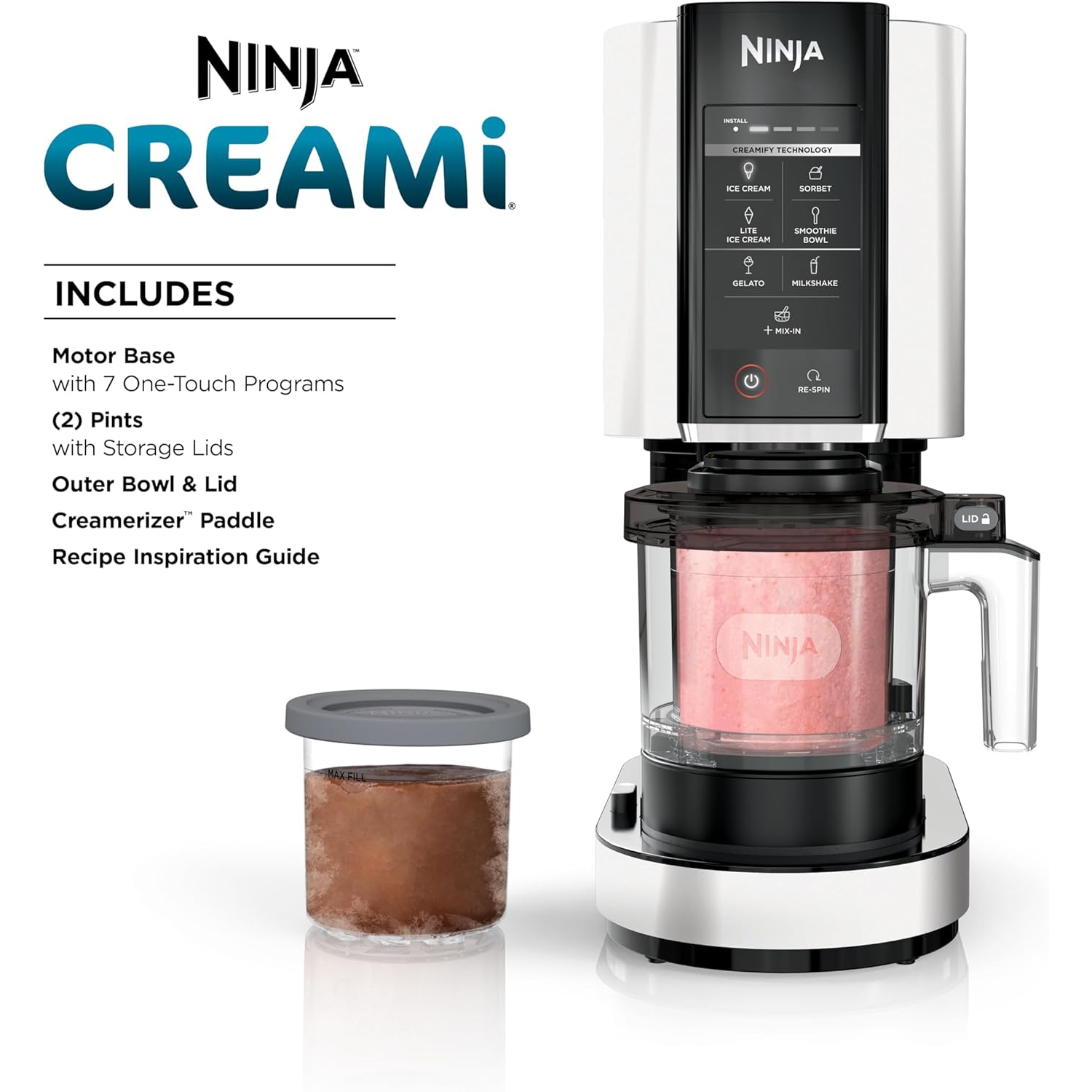 Ninja CREAMi Ice Cream Maker with 7 One-Touch Programs, Includes 2 Pint Containers & Lids, NC301CWH, White