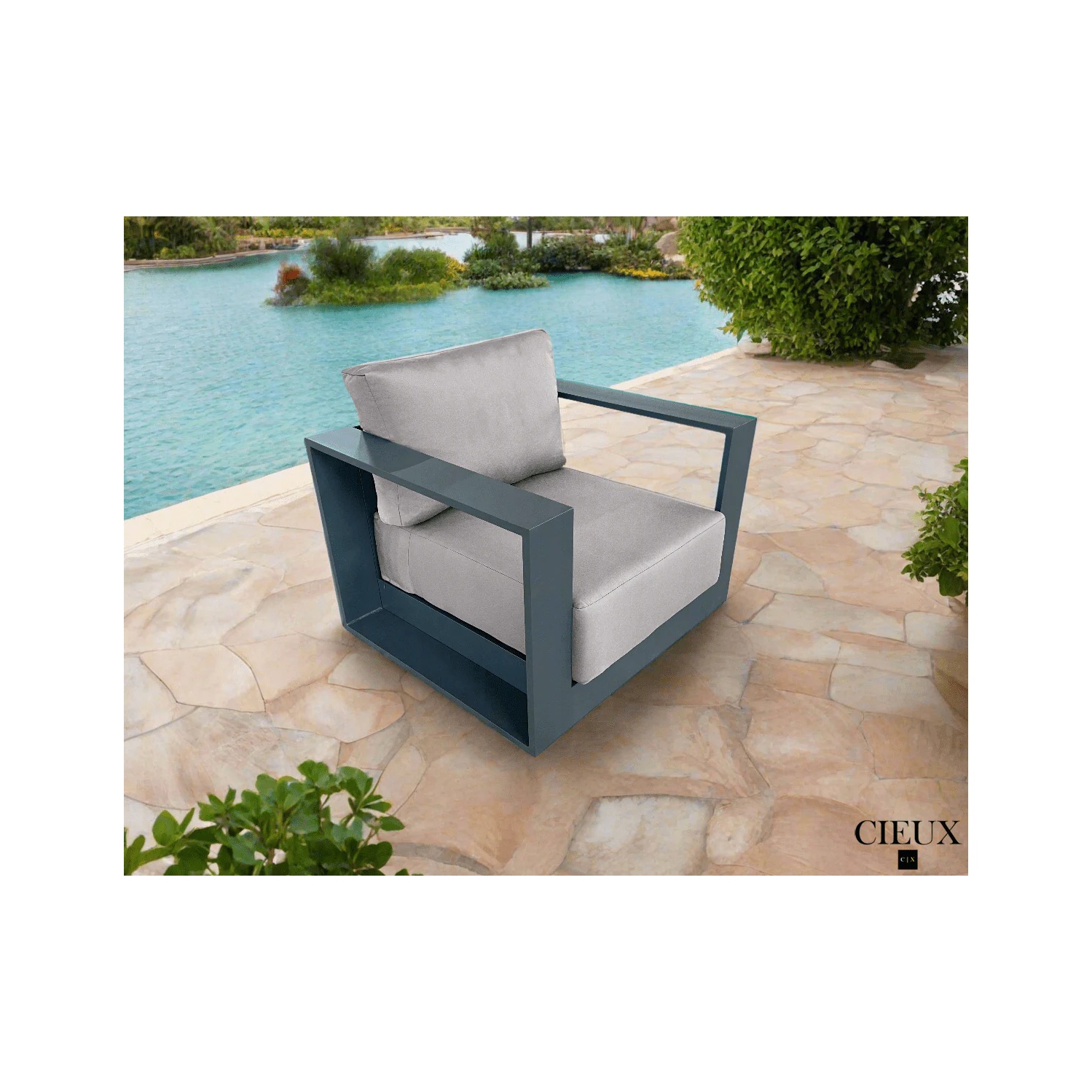 CIEUX Lyon Outdoor Patio Aluminum Metal Club Chair in Midnight Grey with Sunbrella Cushions