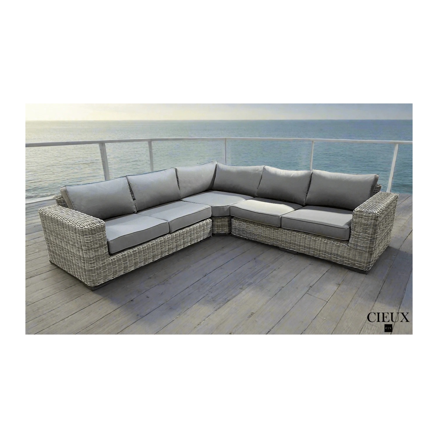 CIEUX Champagne Outdoor Patio Wicker Corner Sectional Sofa in Grey with Sunbrella Cushions