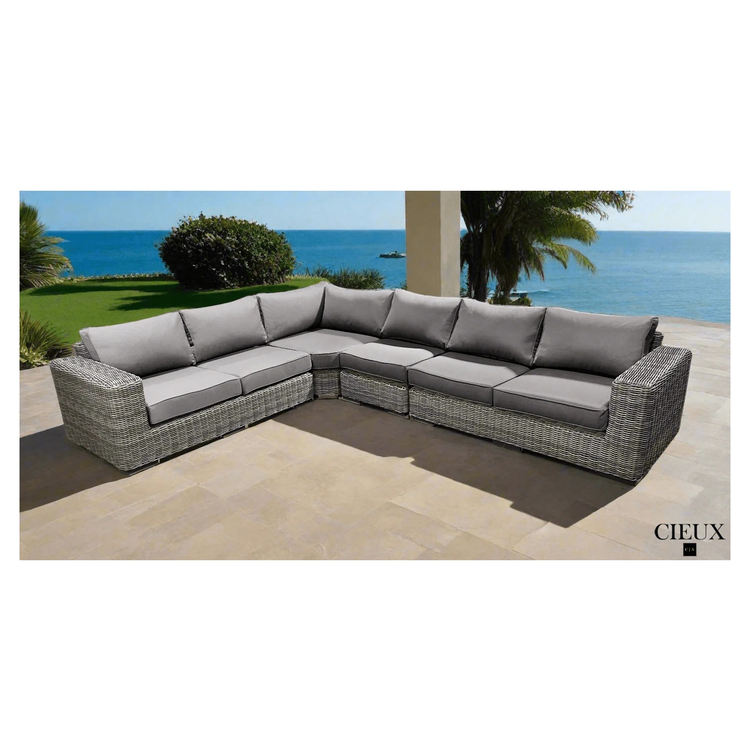 Canapé modulaire en L gris en osier de patio champagne de CIEUX avec coussins Sunbrella