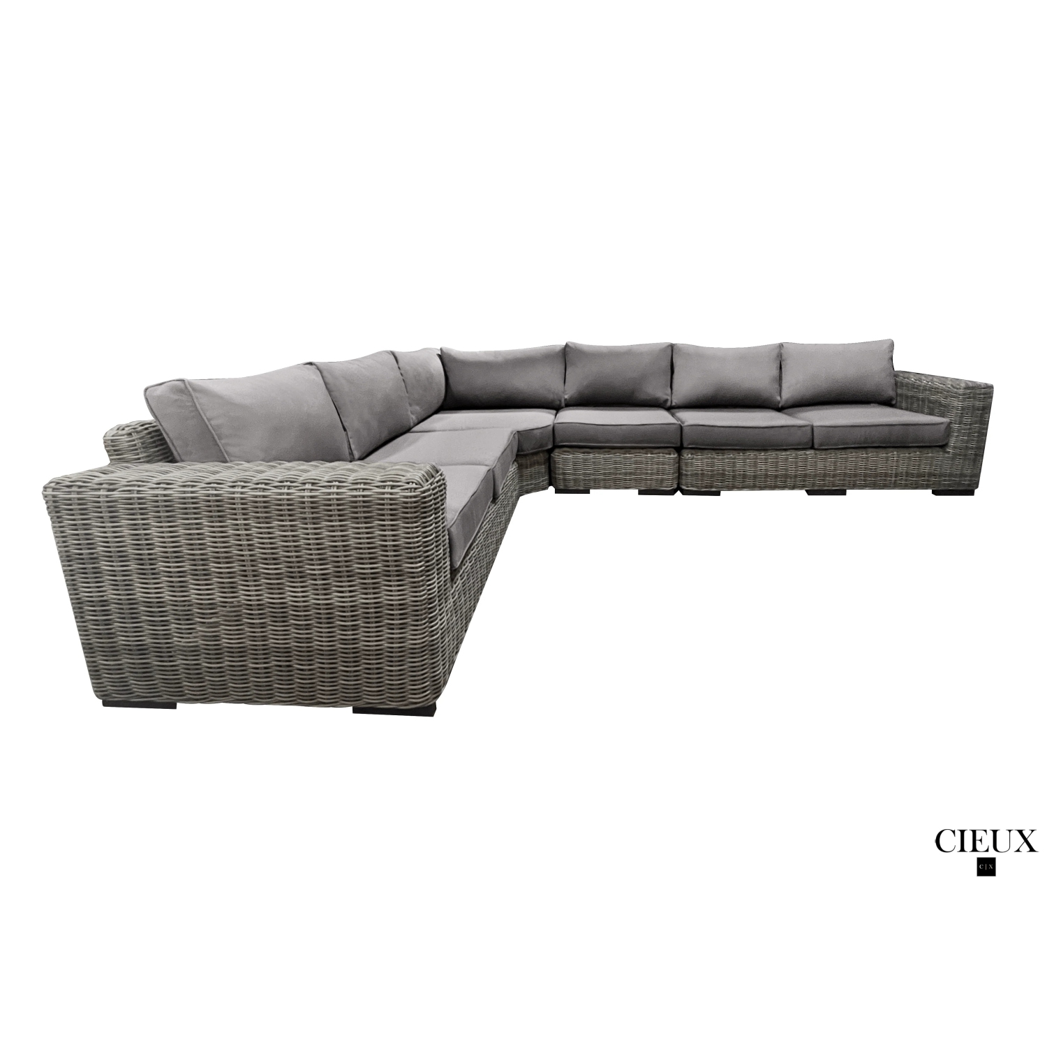 Canapé modulaire en L gris en osier de patio champagne de CIEUX avec coussins Sunbrella