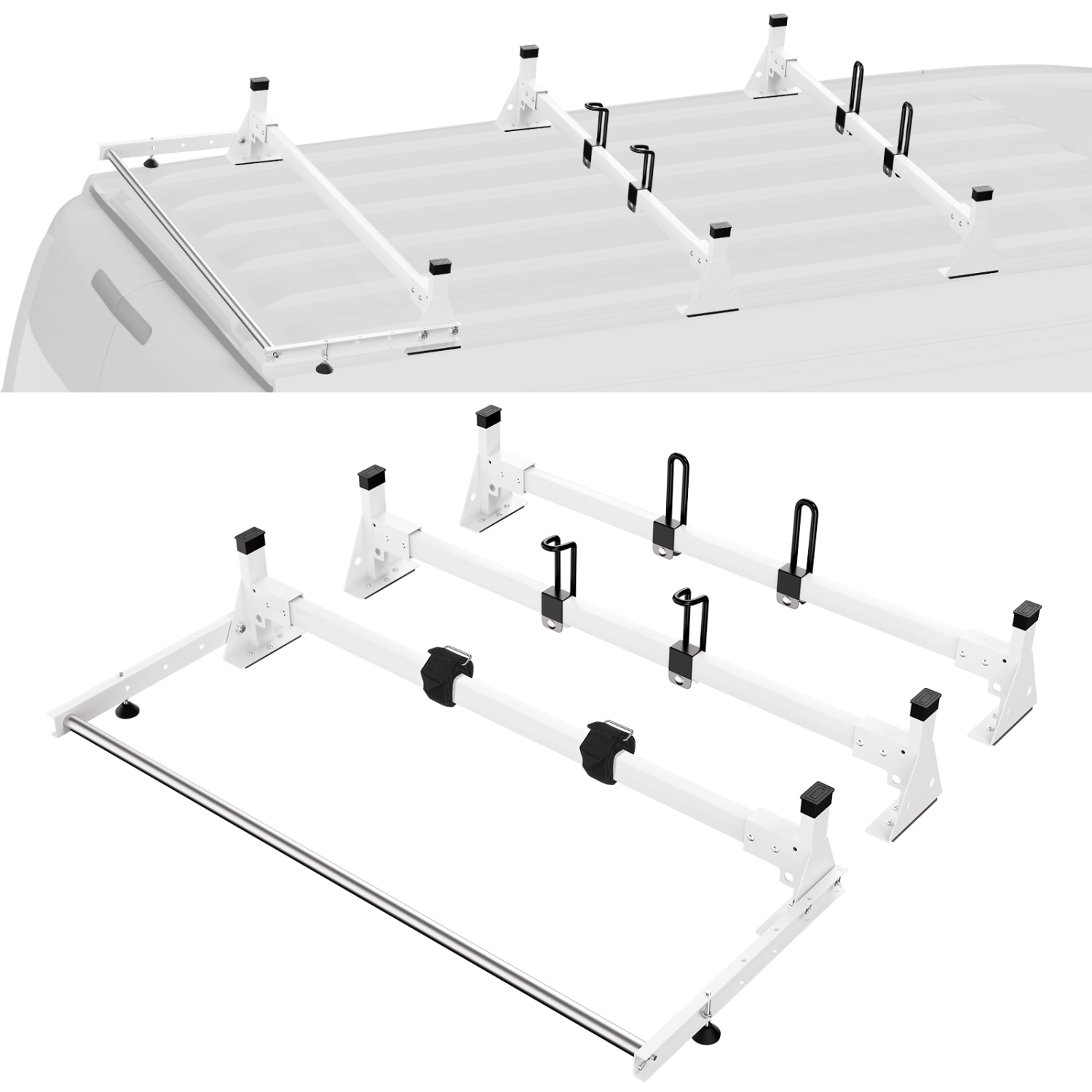 VEVOR 54" 3 Crossbars Ladder Roof Rack, Heavy-duty Steel Van Roof Rack, 800 lbs Capacity Van Ladder Rack with Cargo Roller and Straps, Fit for Ford