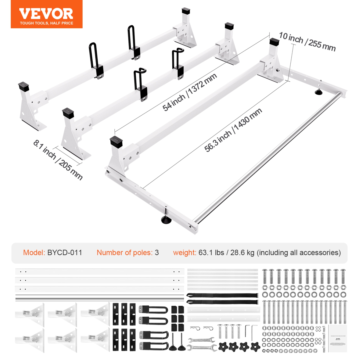 VEVOR 54" 3 Crossbars Ladder Roof Rack, Heavy-duty Steel Van Roof Rack, 800 lbs Capacity Van Ladder Rack with Cargo Roller and Straps, Fit for Ford