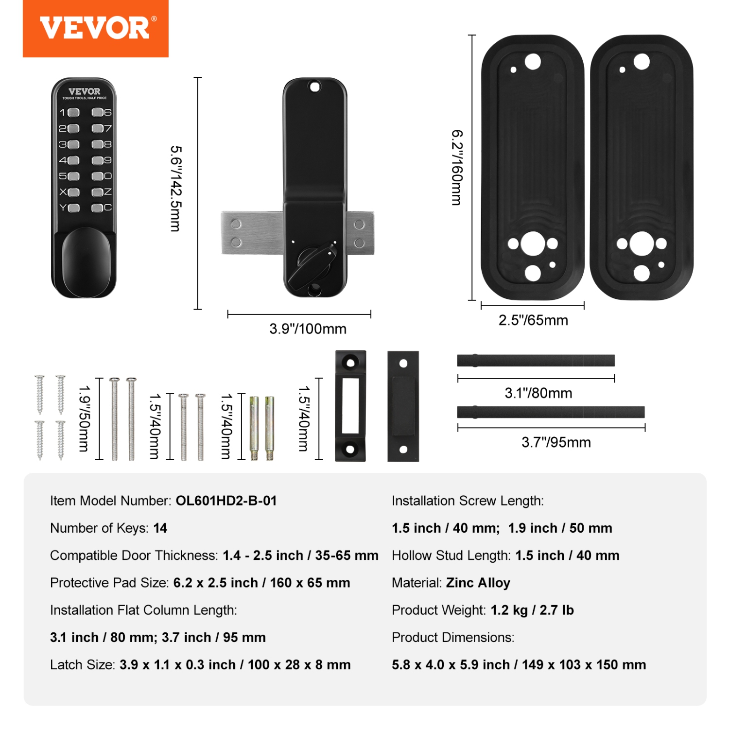 VEVOR 14 Digit Keypad, Mechanical Keyless Entry Door Lock, Water-proof Zinc Alloy, Outdoor Gate Door Locks Set with Surface-mounted Latch, Keypad and