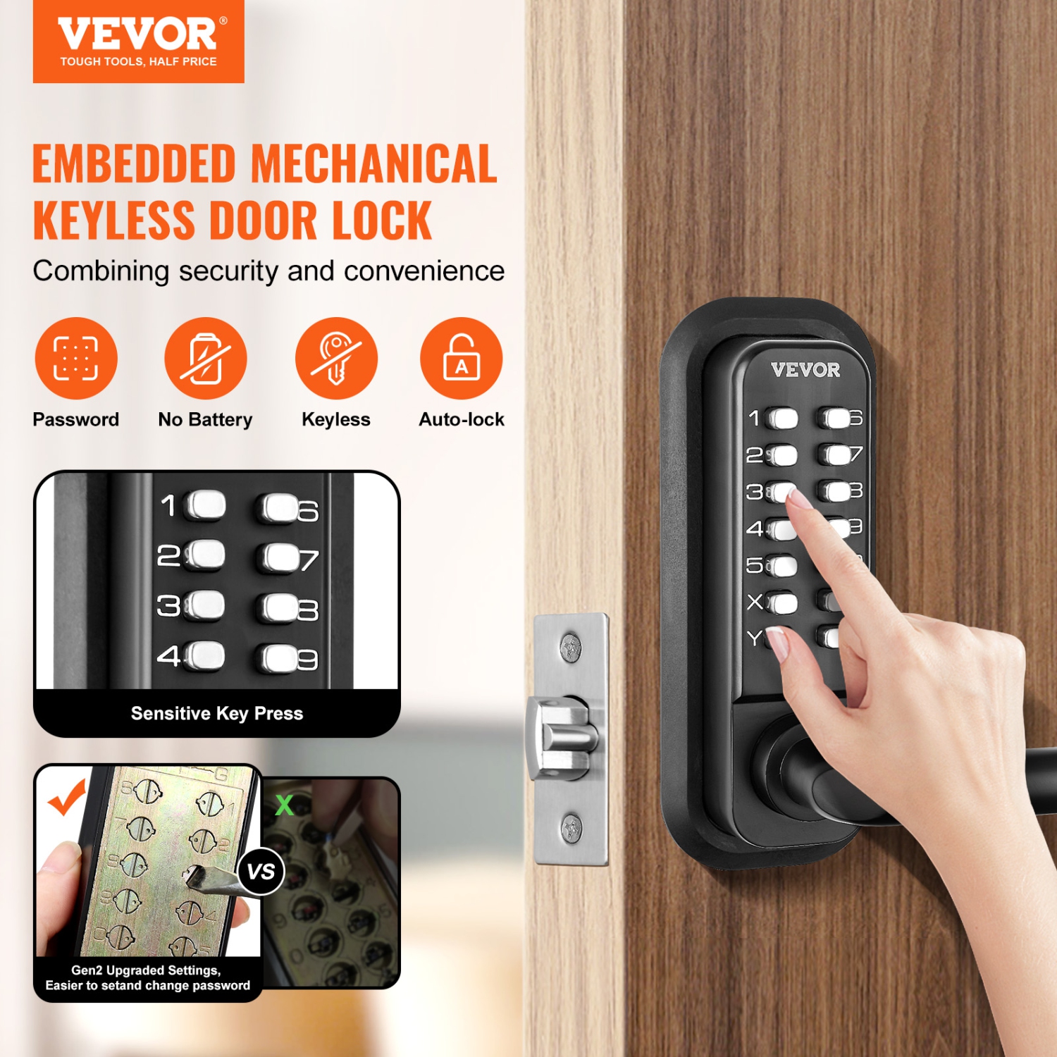 VEVOR 14 Digit Keypad, Mechanical Keyless Entry Door Lock, Water-proof Zinc Alloy, Embedded Outdoor Gate Door Locks Set with Keypad and Handle, Easy