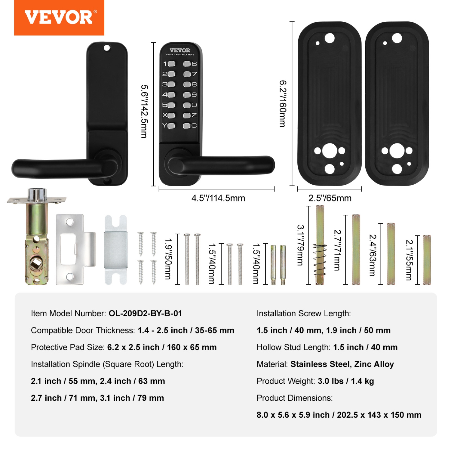 VEVOR 14 Digit Keypad, Mechanical Keyless Entry Door Lock, Water-proof Zinc Alloy, Embedded Outdoor Gate Door Locks Set with Keypad and Handle, Easy