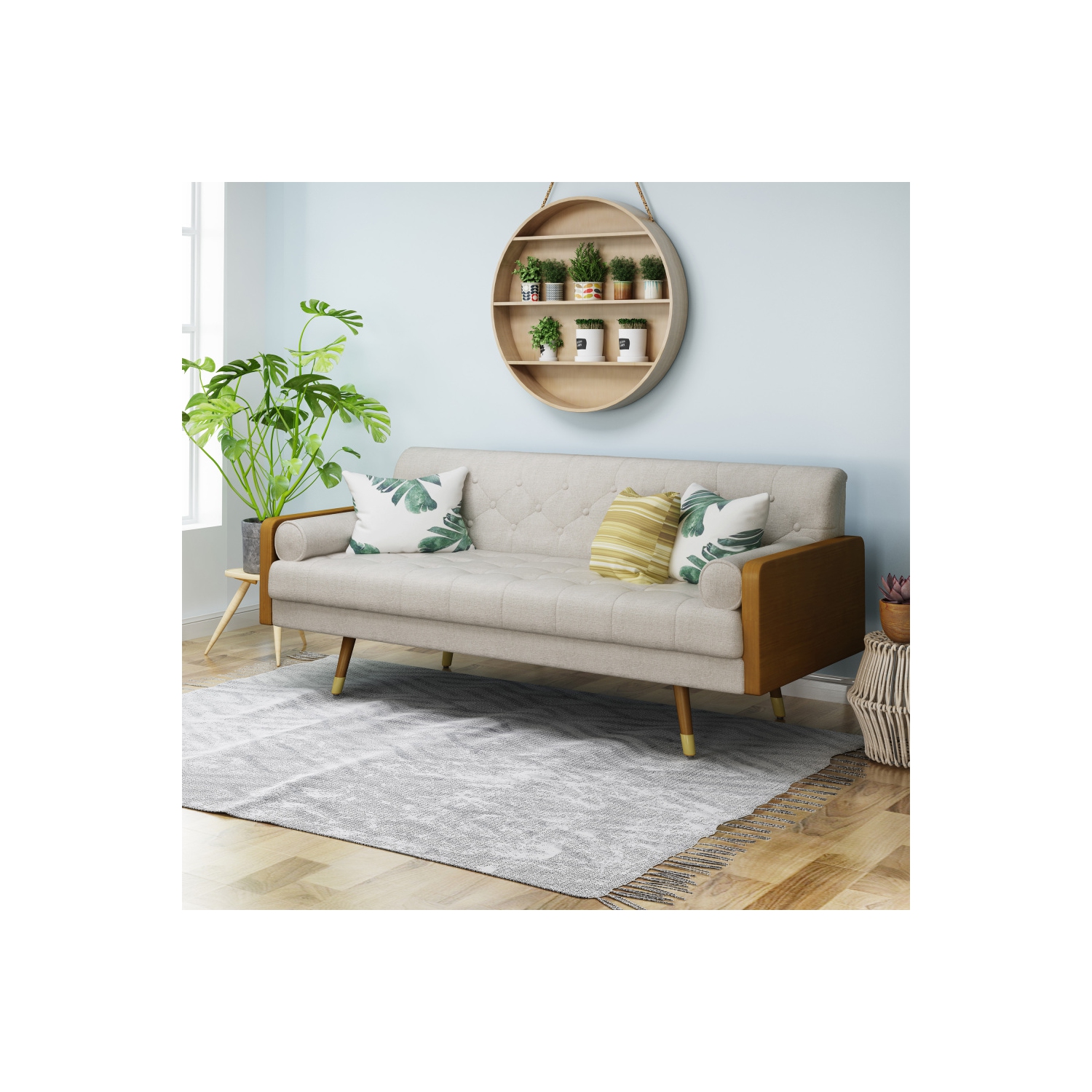 YOULIGHTS Mid Century Modern Tufted Fabric Sofa, Upholstered Sofa with Button-Tufted Waffle Stitch for Living Room, Mid-Century Modern Design, Beige