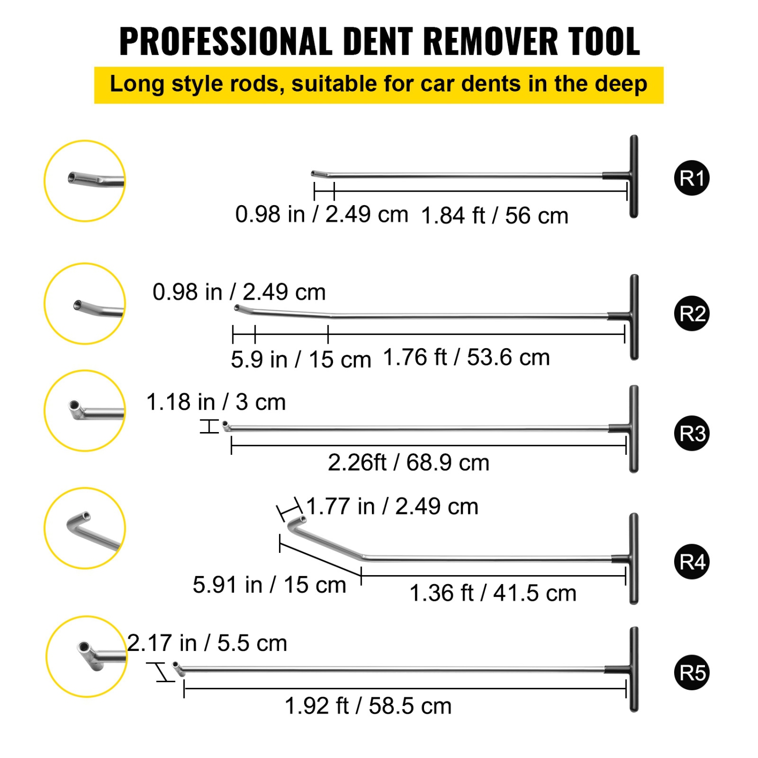 VEVOR 13 Piece Dent Eradication Set, Non-Paint Dent Fixing Instrument, 5 Piece Stainless Steel Dent Bars, 8 Piece Tapper Caps, Expert Hail Dent