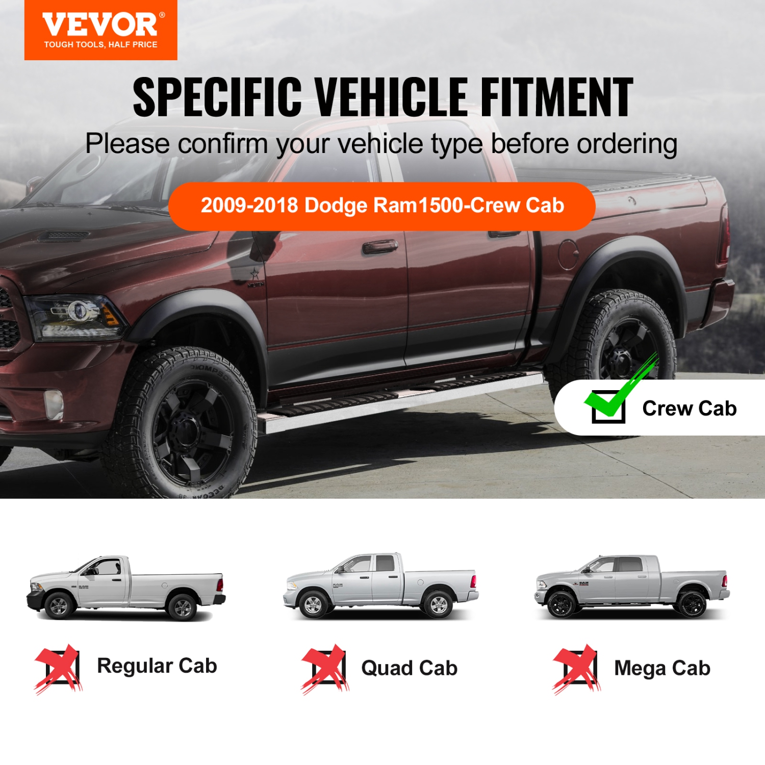 VEVOR 6" Running Boards, Compatible with 2009-2018 Dodge Ram 1500/2010-2023 Ram 2500/3500 Crew Cab, 201 Stainless Steel Side Steps Bars, 500LBS, 2 PCS